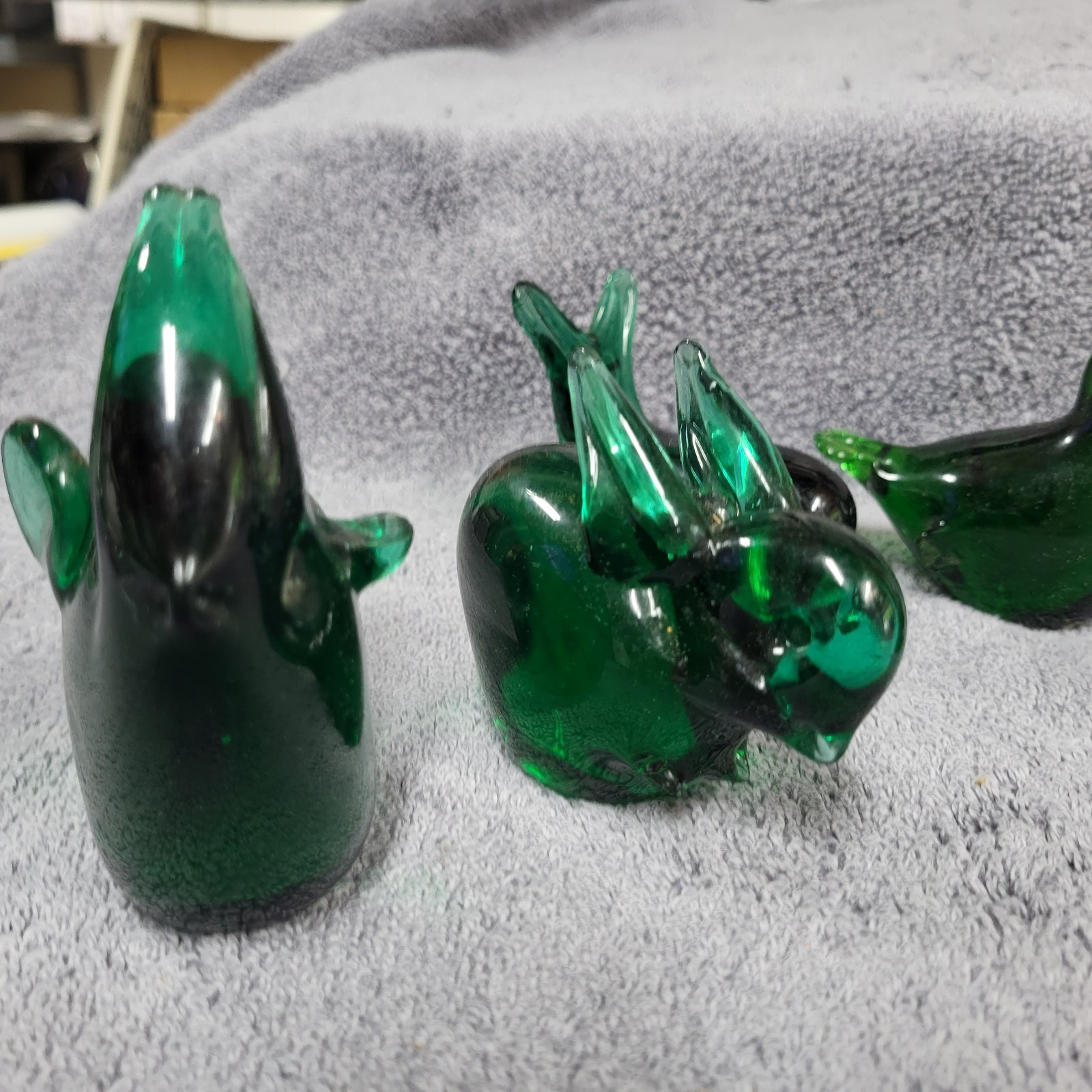 Emerald Green Glass Animal Paperweight Lot Bird Bunny Seal Whale Dove Elephant