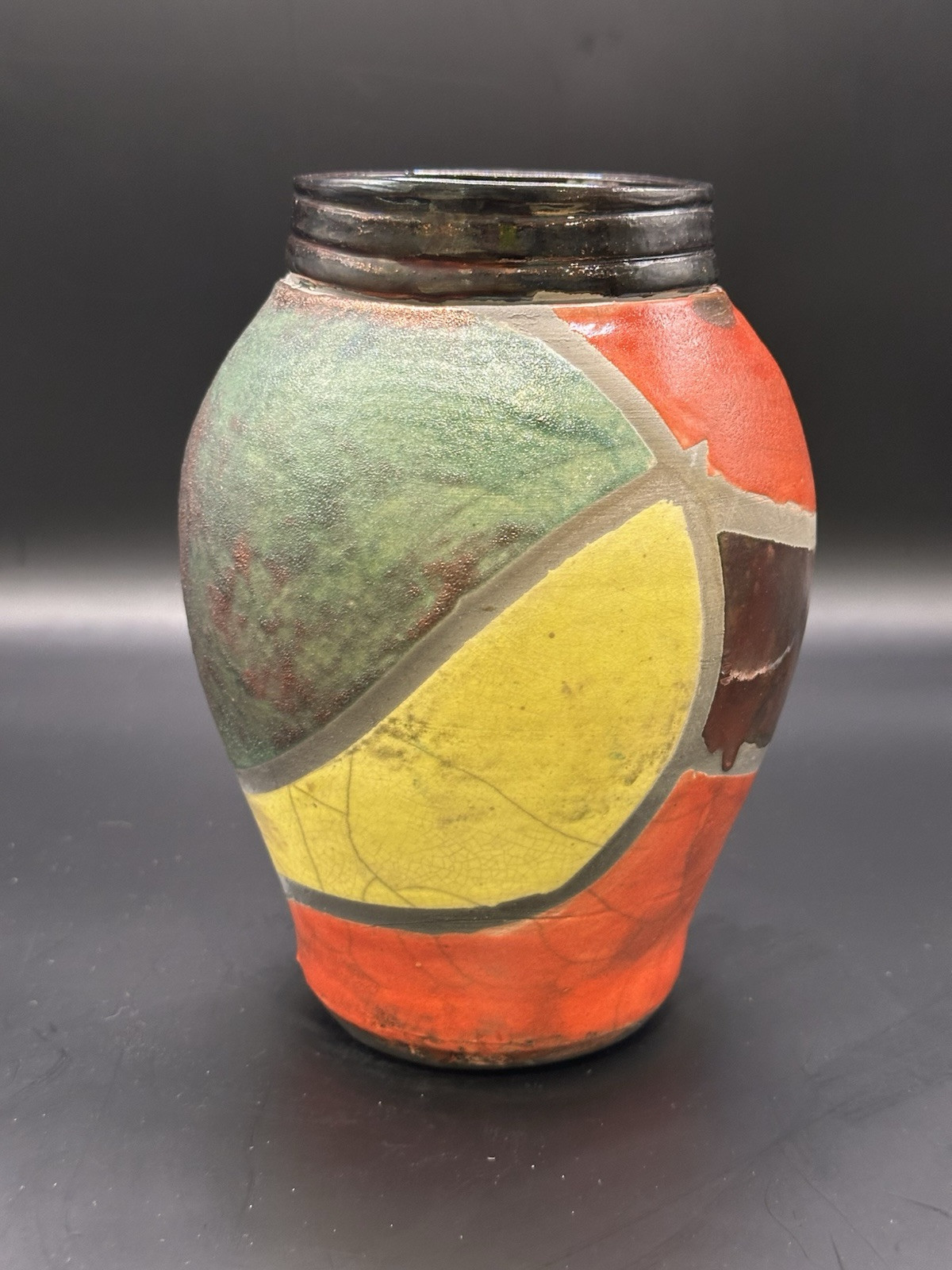 VTG RARE Signed Stamped MJA Stunning Raku Pottery Vase Vibrant Colors Excellent