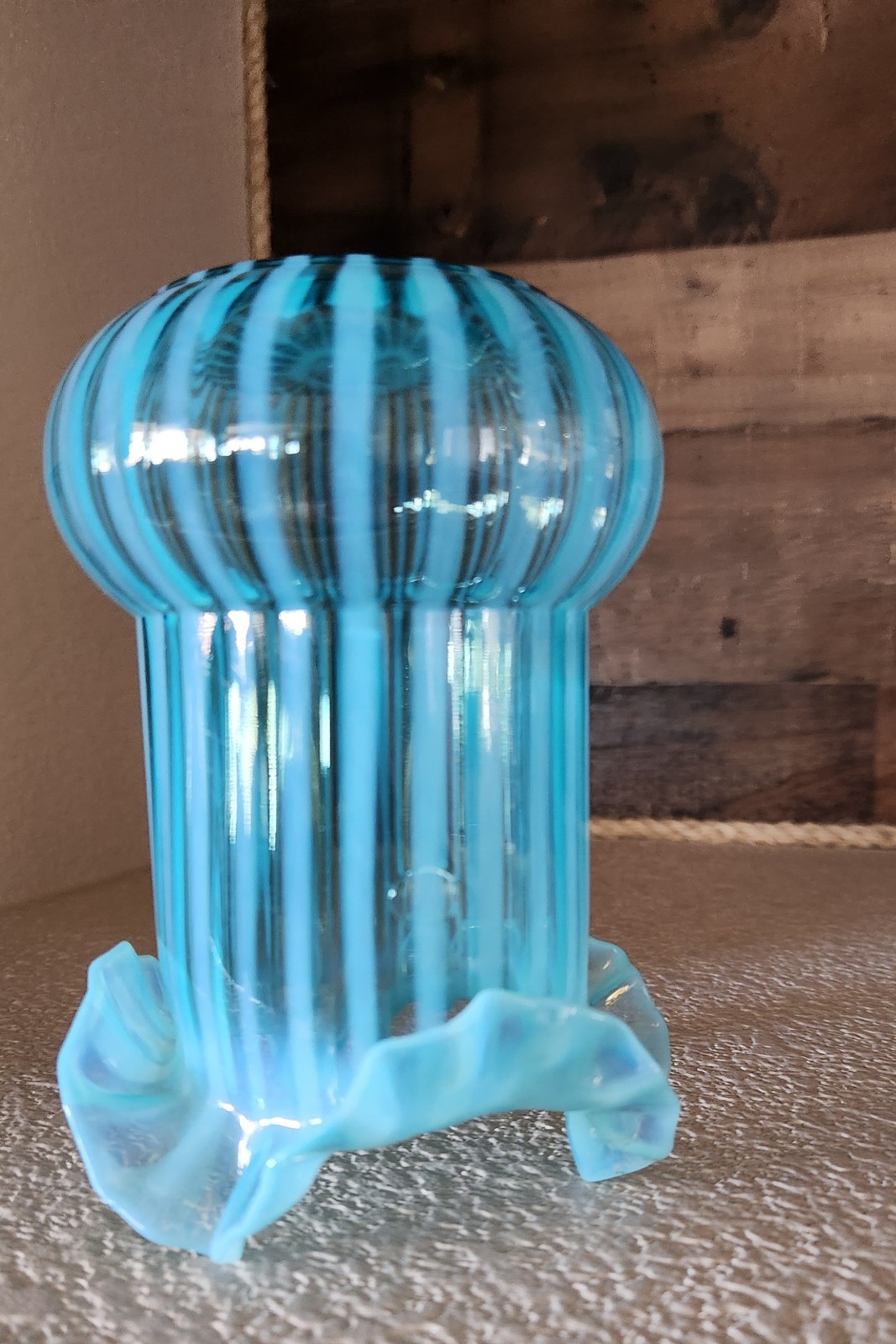 Antique NORTHWOOD Blue Opalescent Striped Ruffled Edge Celery Vase**Beautiful**