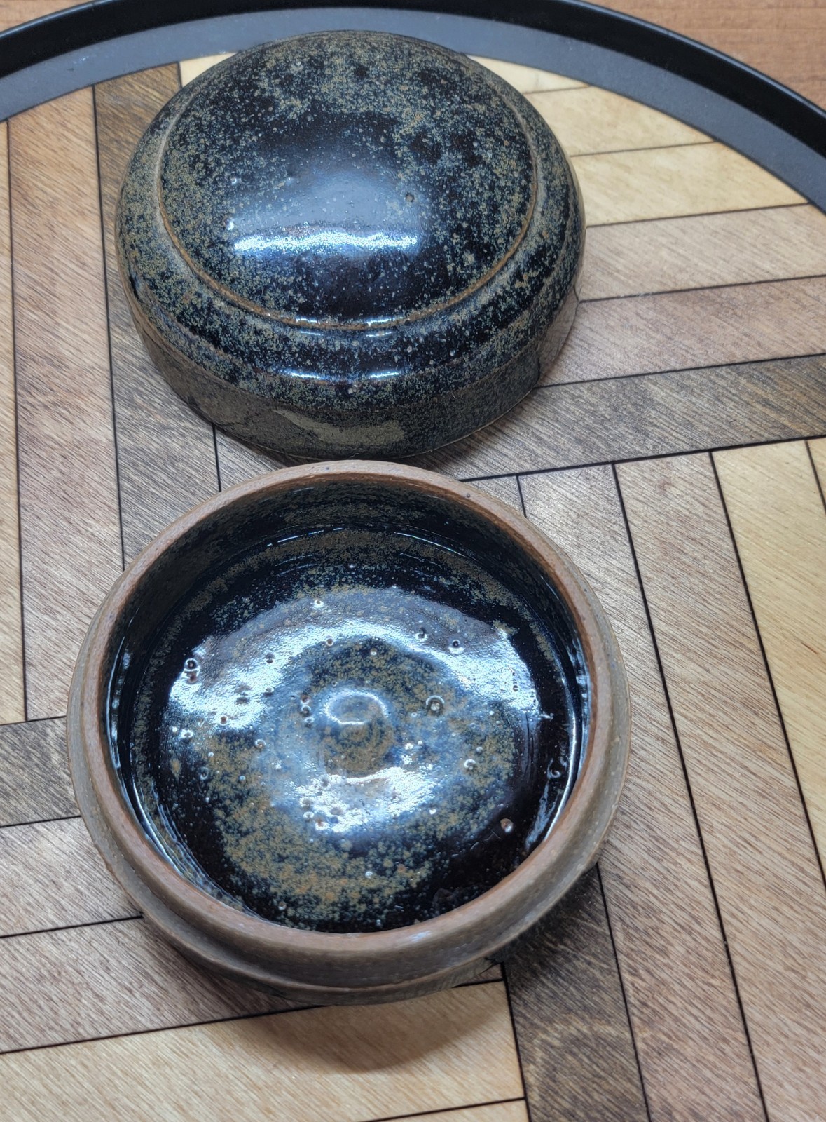 Domed Lid Art Pottery Round Trinket Box Signed Spices Black Beige Earthy Speckle