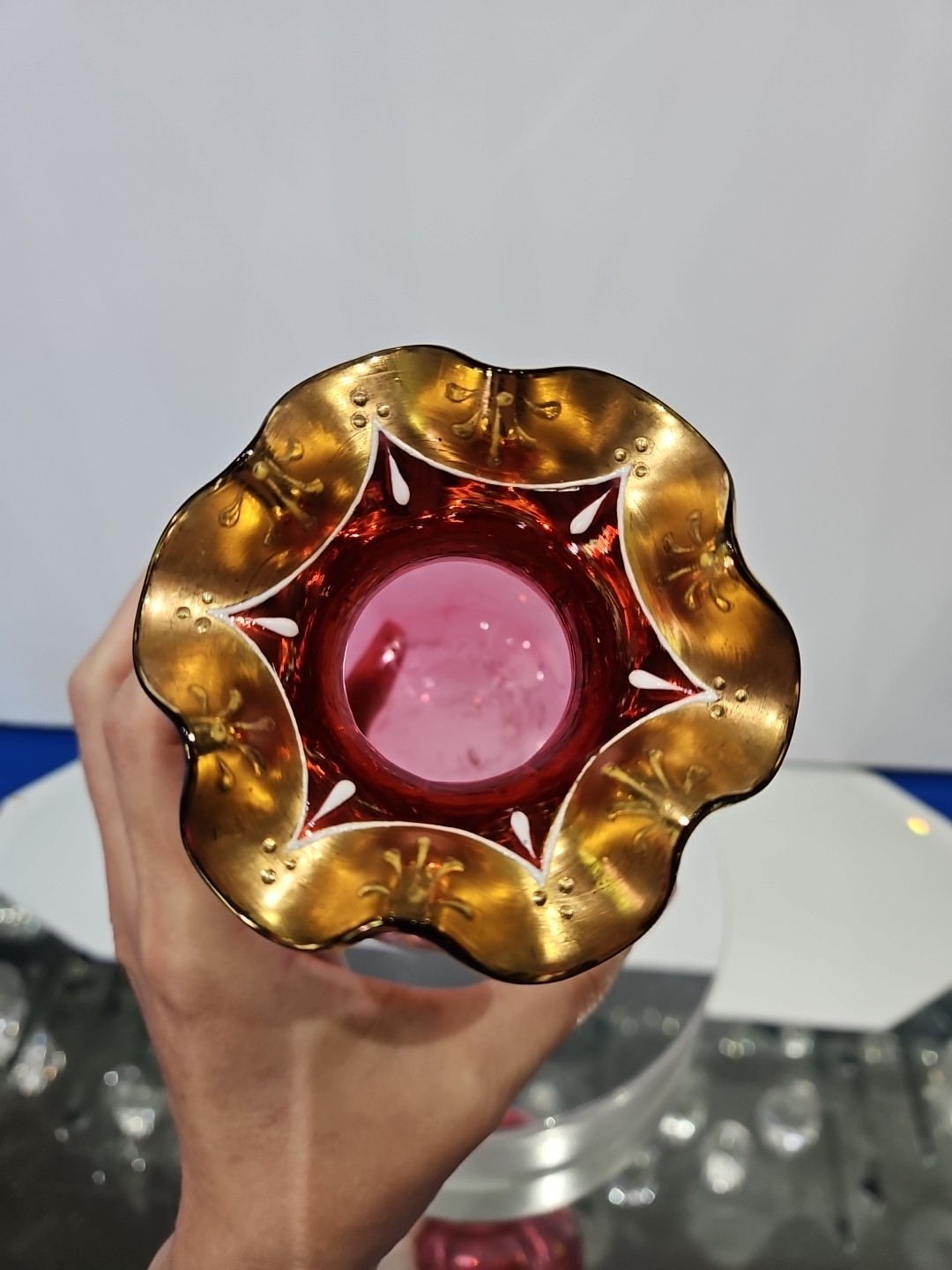 Antique Small Glass Vase, Bohemian Cranberry gold enamel , Moser / Harrach type