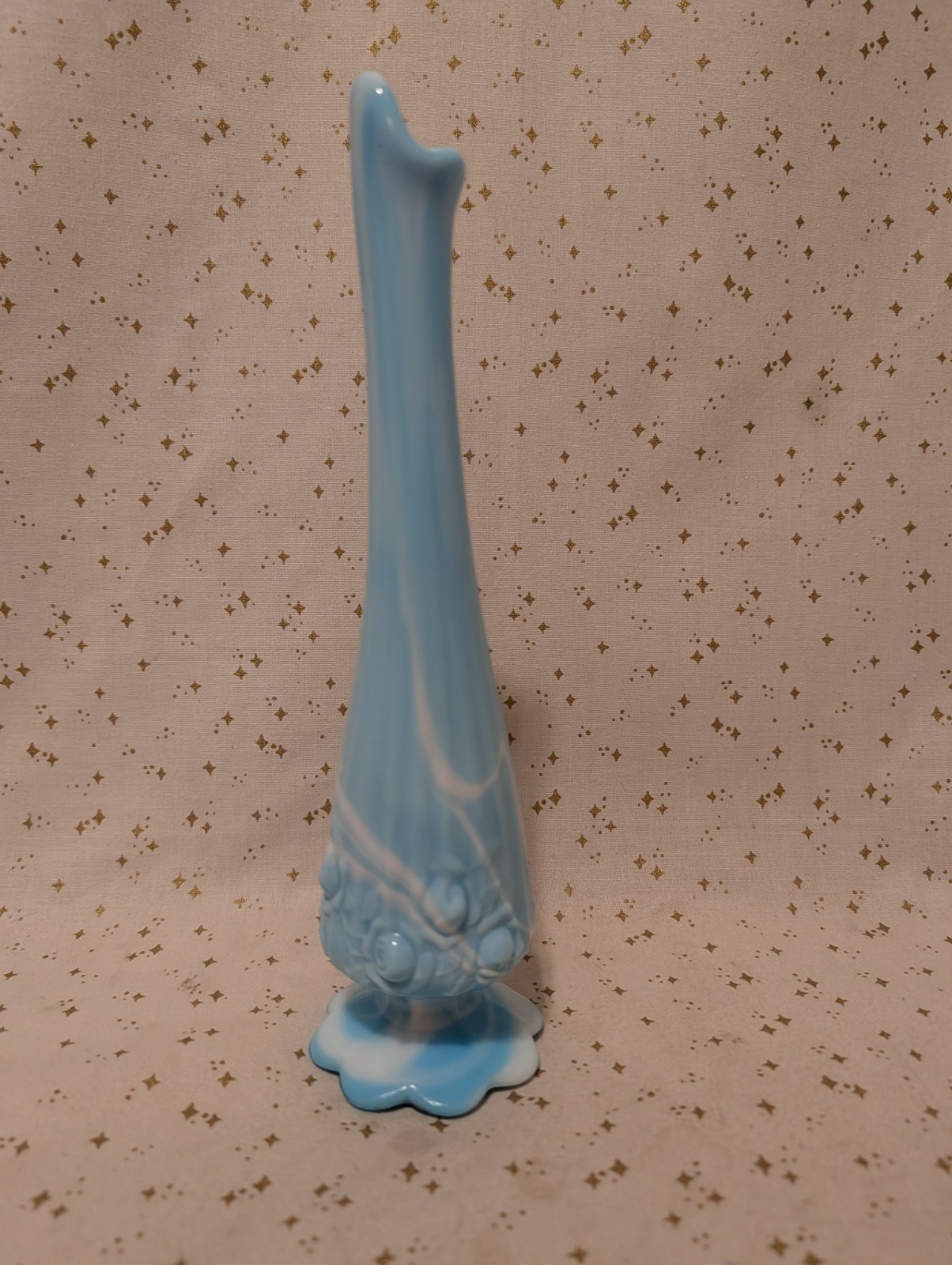 9″ Vintage FENTON Blue Marble SLAG GLASS Cabbage ROSE Swung BUD VASE Art MCM