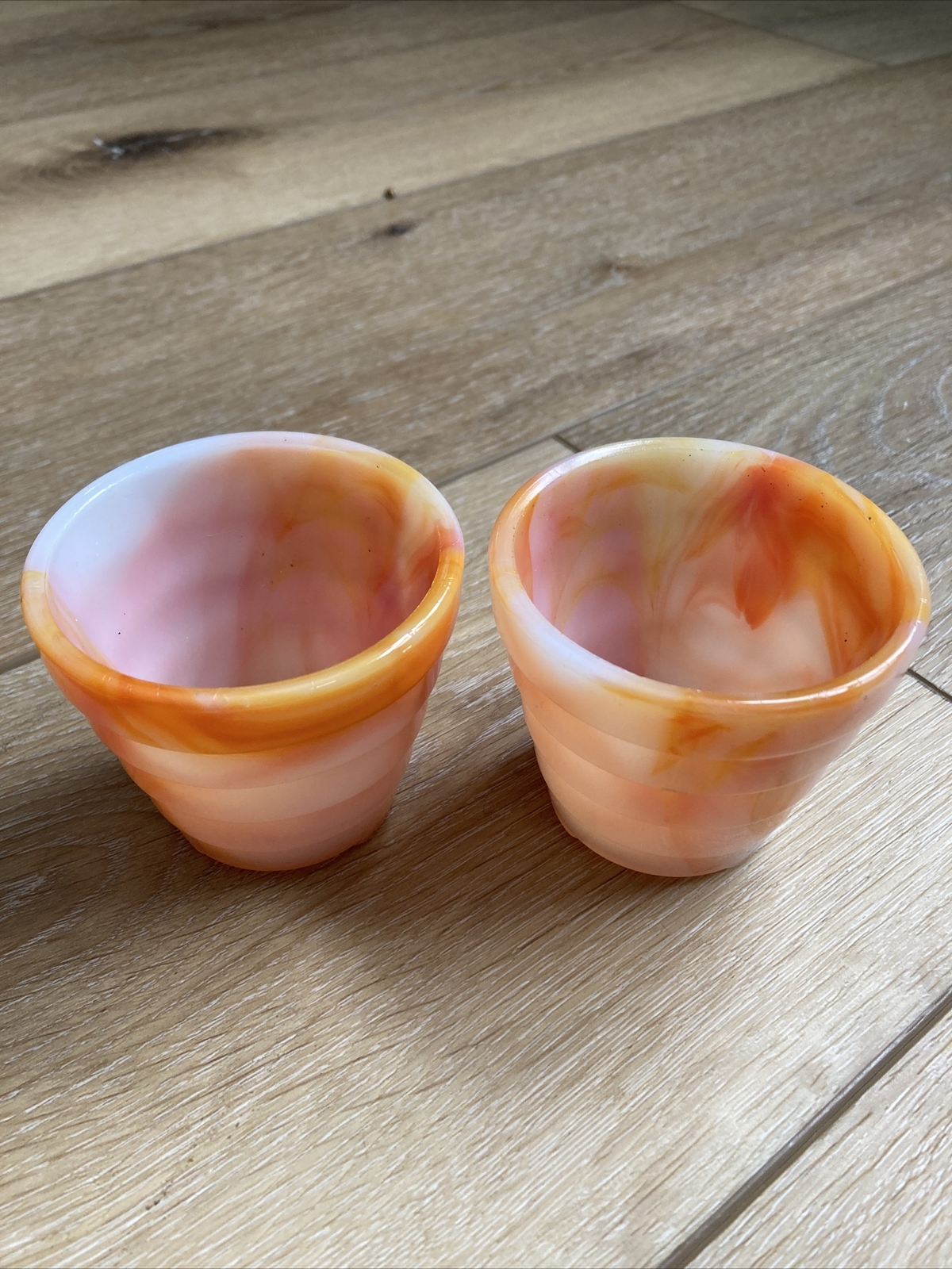 Set Of Vintage Mini Akro Agate Slag Glass Flower Pot Planter Marbled Swirl