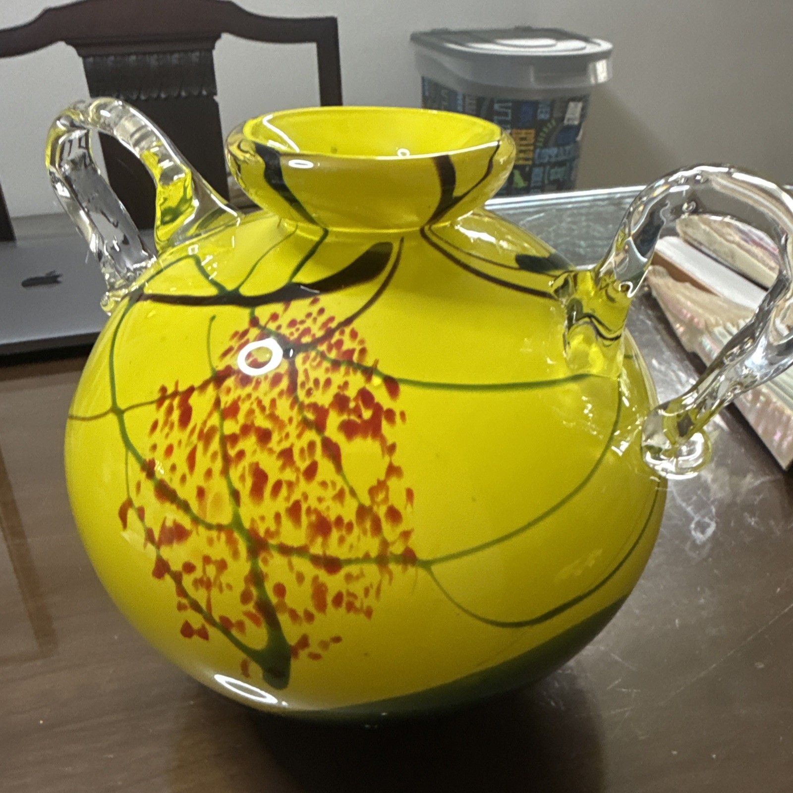 Murano? 2 Handle Jug/Vase 8 1/2″ x 9 1/2″ Yellow/Green/ Red