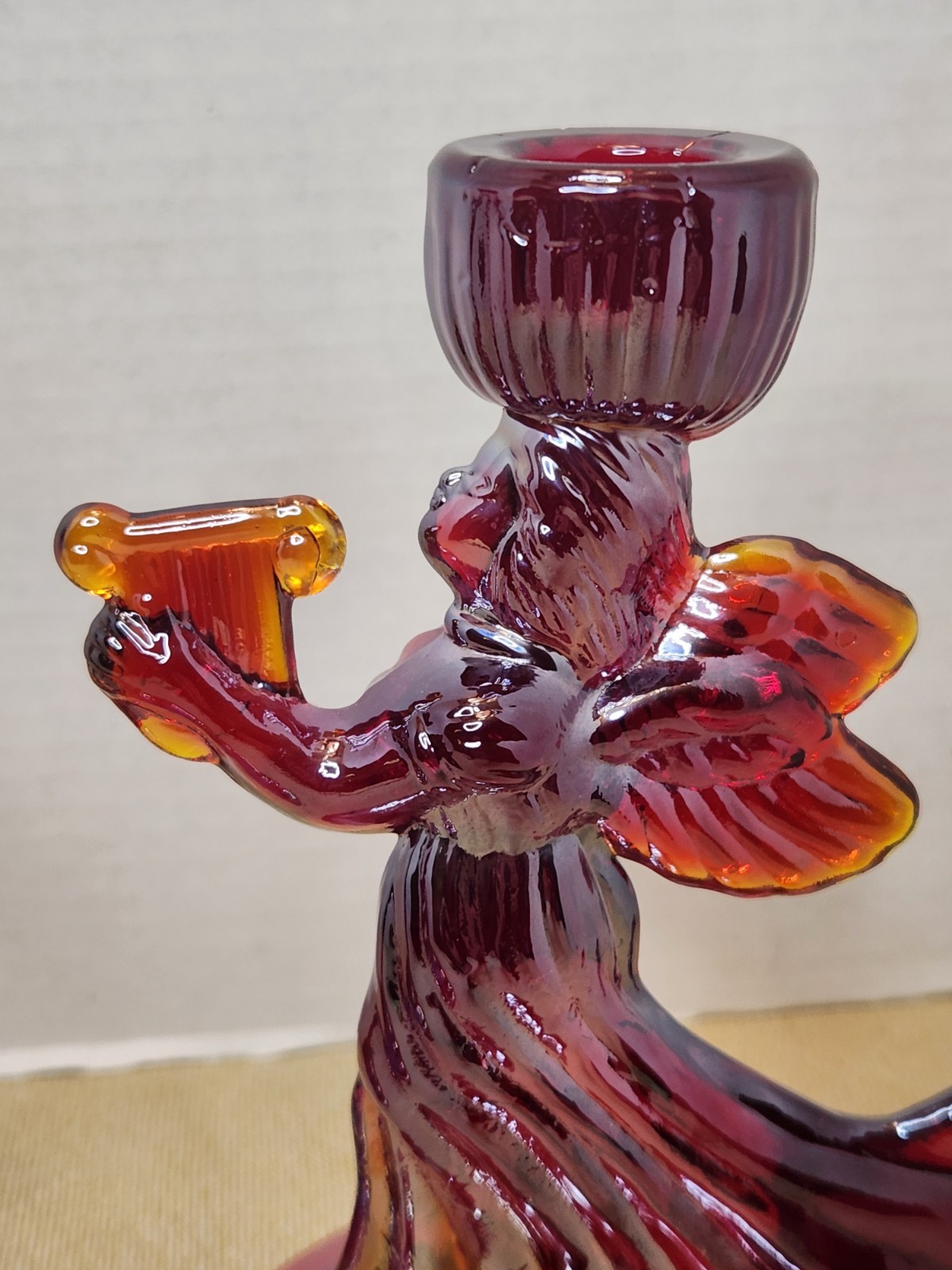 Pair Of Red Carnival Glass Angel Candle Holders Glows Orange Under Blacklight