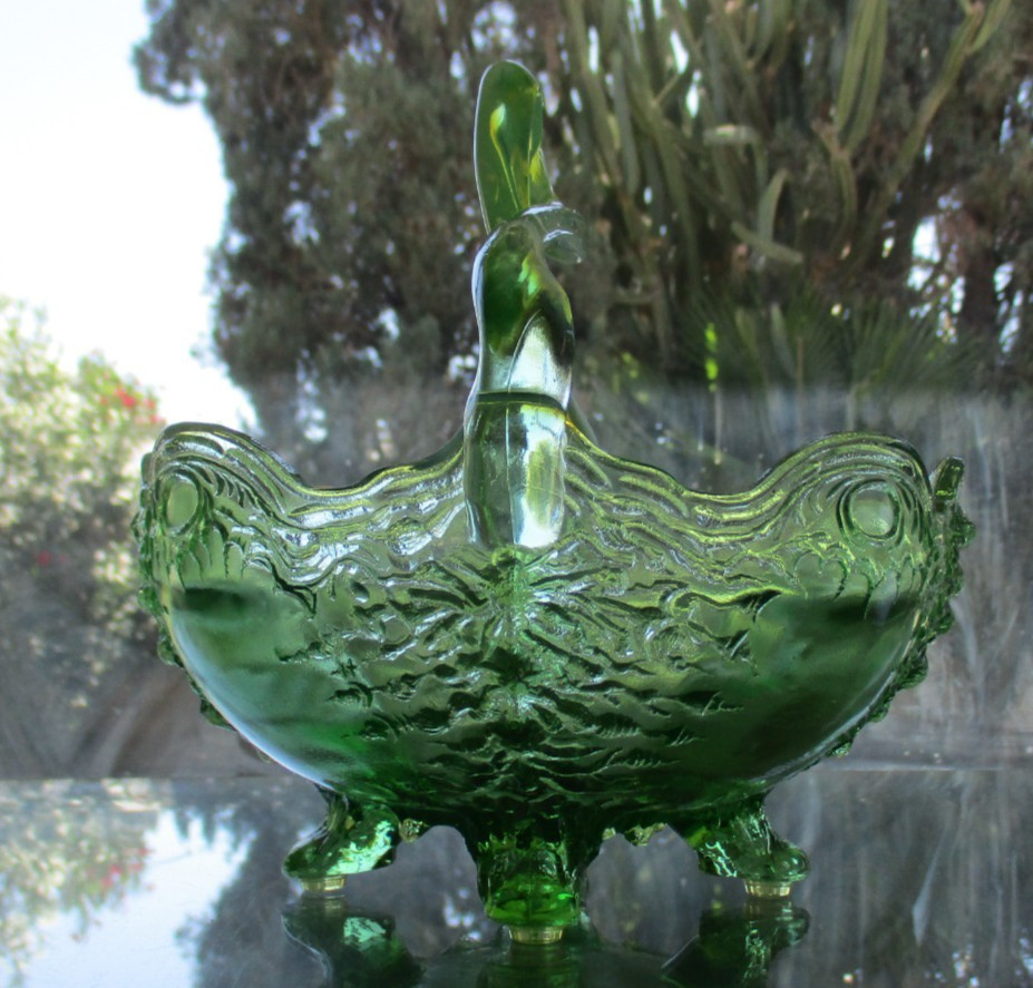 Jefferson EAPG, Old Man Winter Green Opalescent 7 1/2 inch Glass Basket