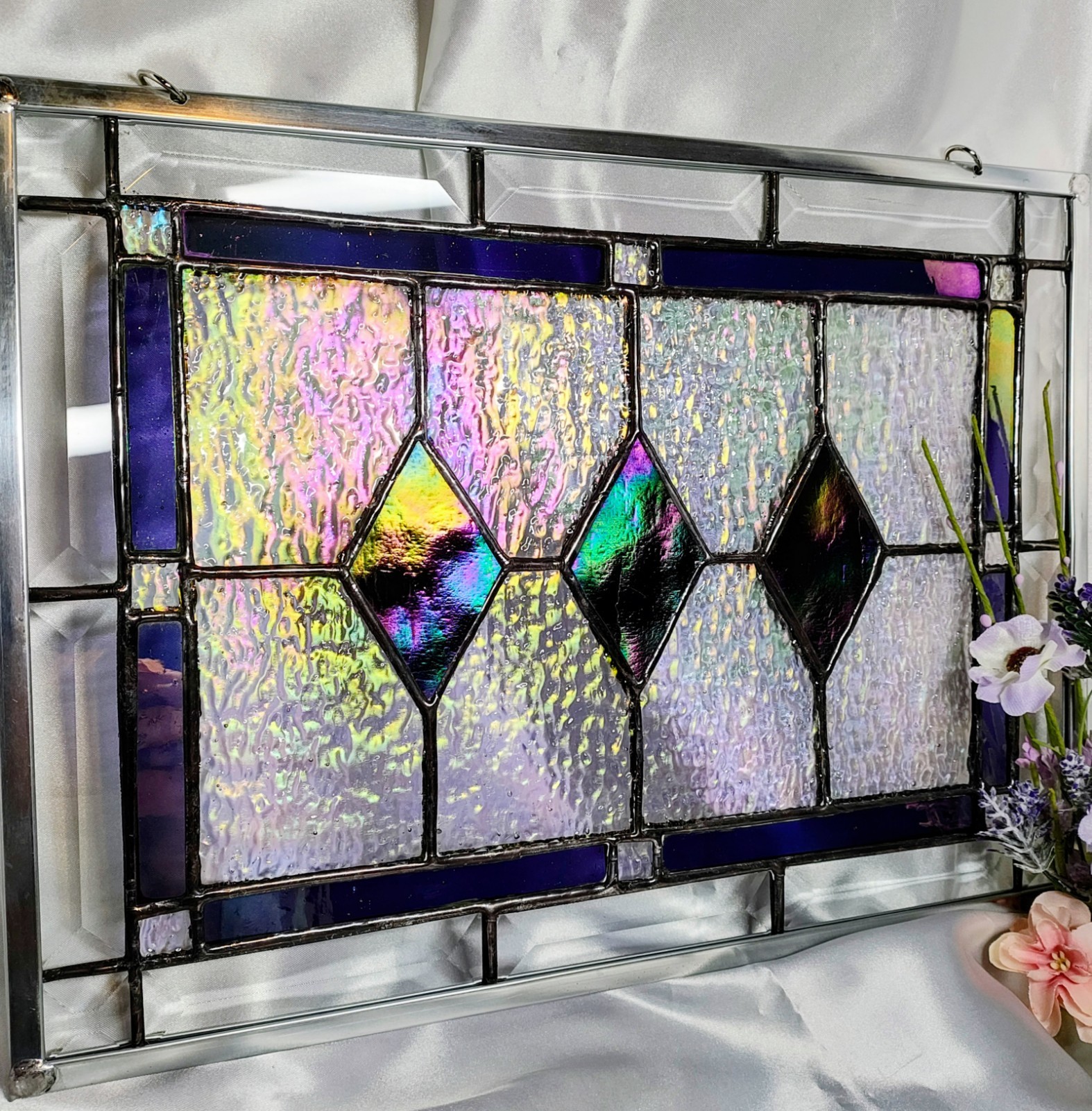 Stained Glass Hanging Iredicent Purple With Multiple Colors 10.5 X 14.5