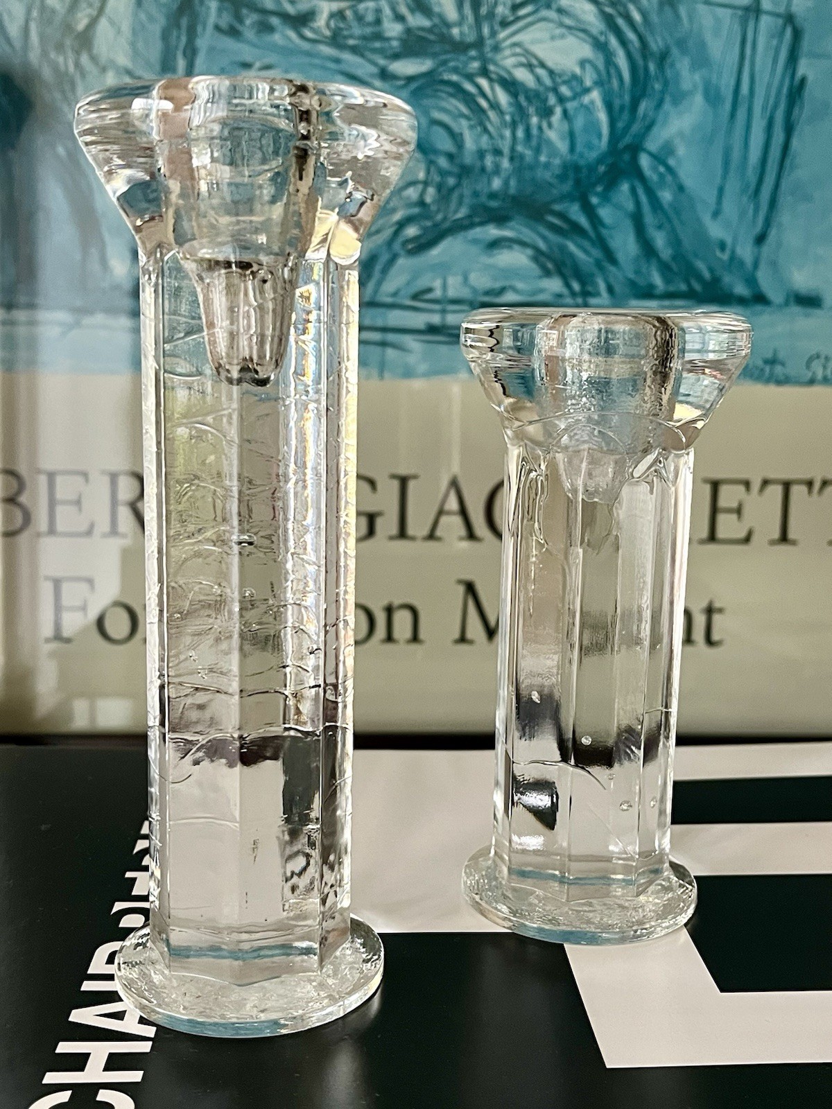 Attributed Christer Sjögren for Lindshammar Glasbruk Sweden Facett candlesticks