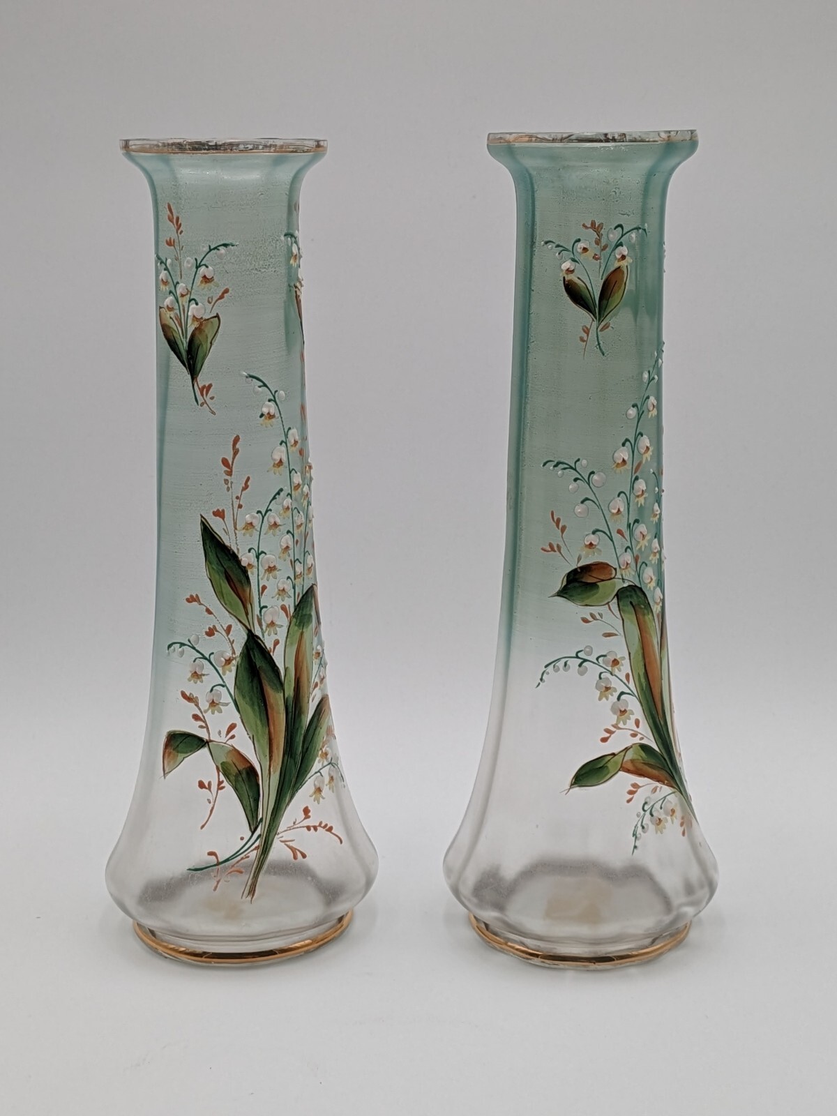(2) Bohemia Satin Glass Enameled Hand Painted Lily of the Valley Vases 14″