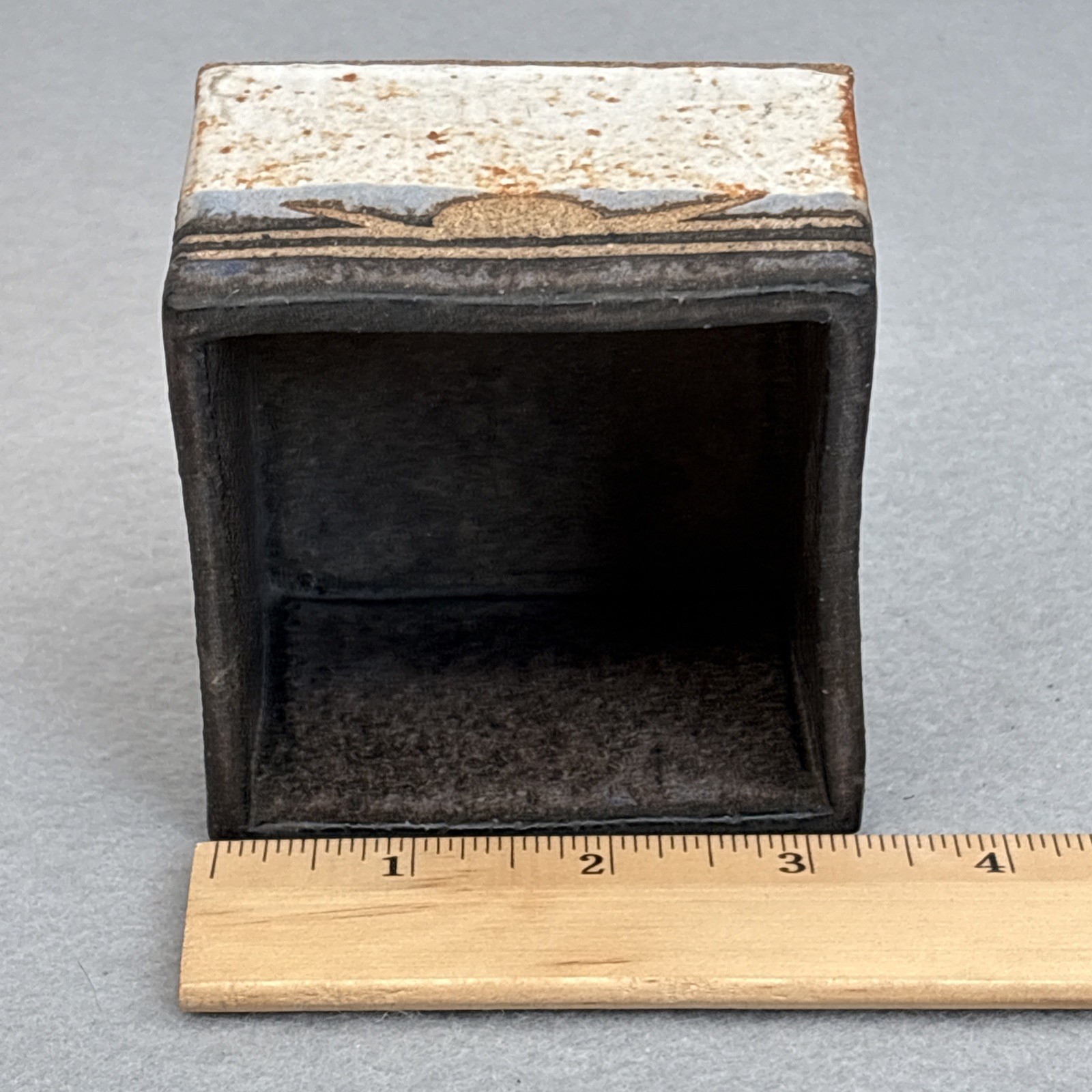 Art Studio Small Stoneware Container 3″ Square Speckled Signed “RT”