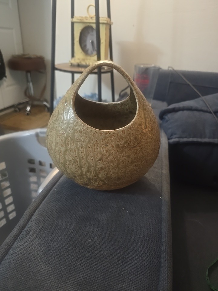 Vintage Studio Pottery Stoneware Basket Vase Featuring Textured, Rustic Glaze