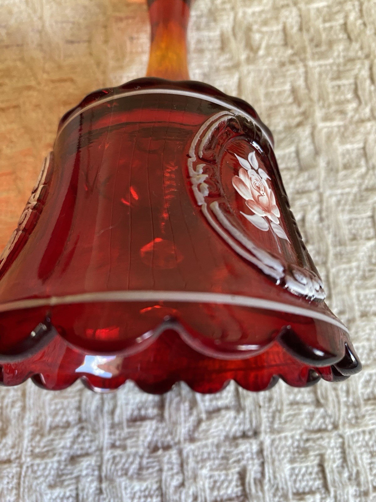 Westmoreland Bell Floral Rose Ruby Red Orange 1980 Hand Painted Cameo Marked