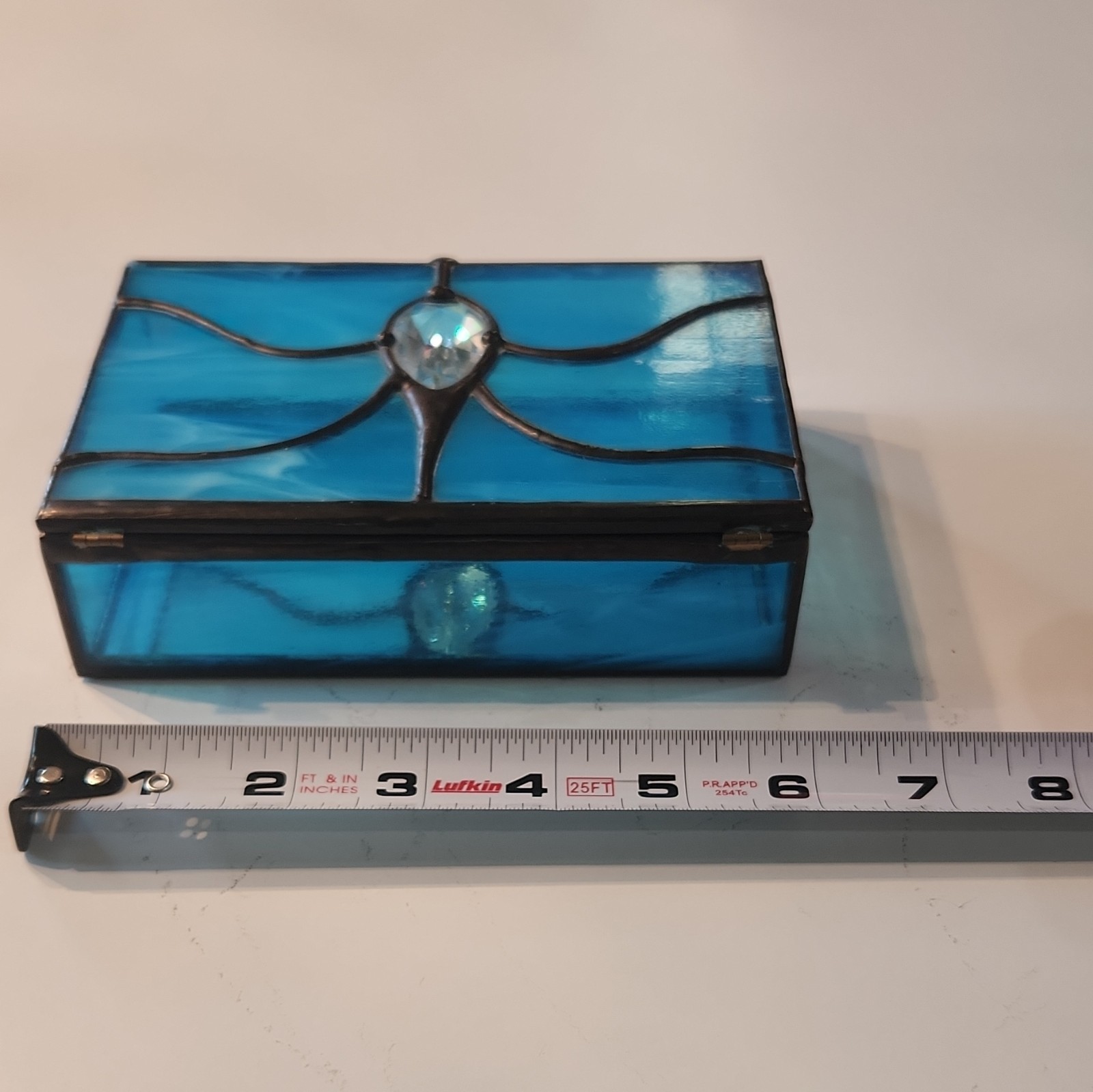 Unmarked Blue Stained Glass & Metal Lidded Decorative Box Clear Faceted Lid