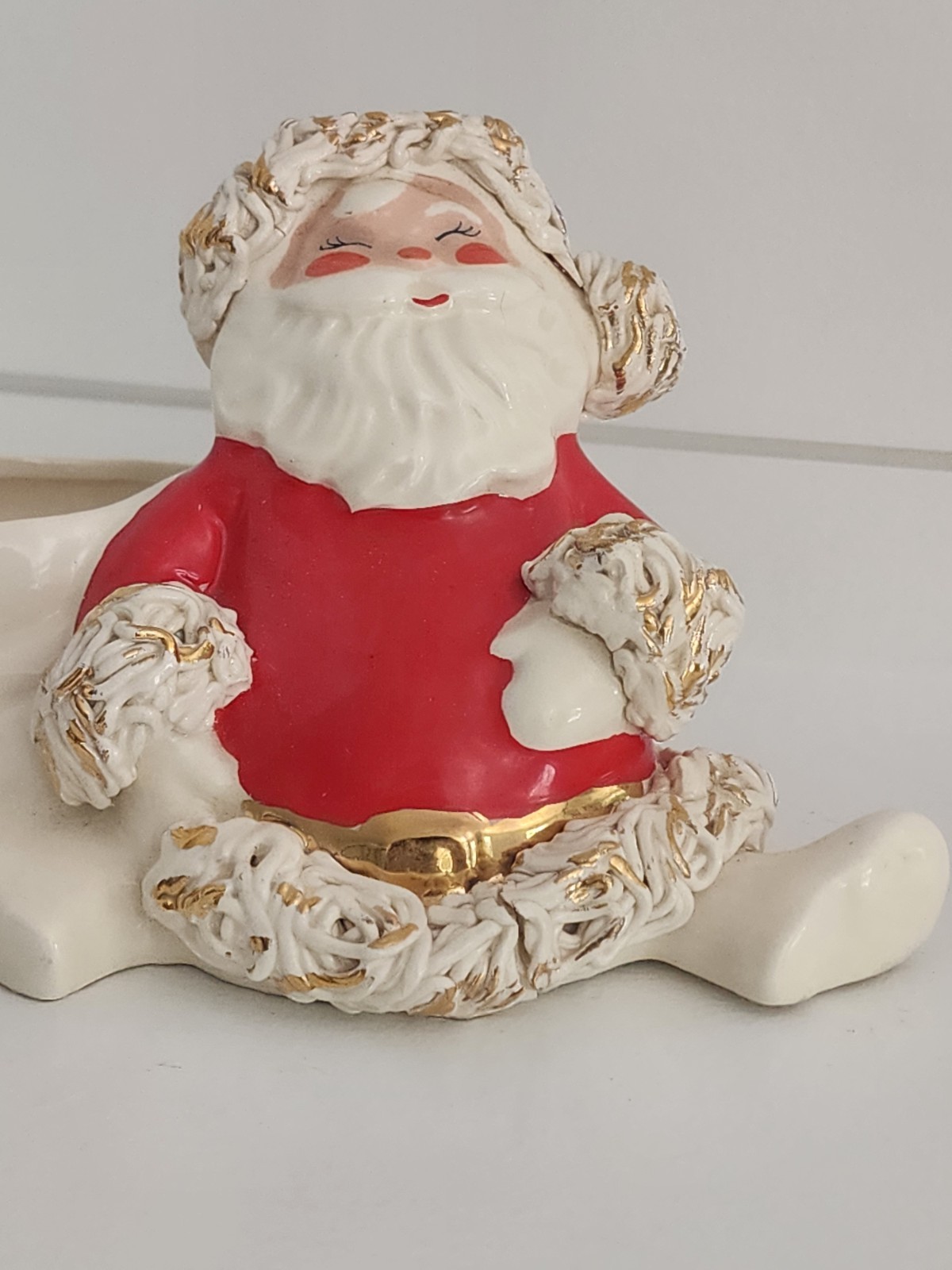 Vtg California Pottery Christmas Betty Lou NIchols Santa Planter Spaghetti Trim