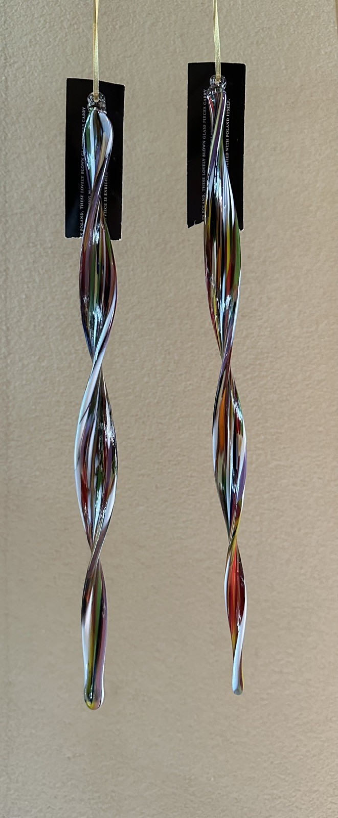 Set Of 2 Jumbo Hand Blown 16.5” Art Glass Swirl Icicle Ornaments-Made In Poland