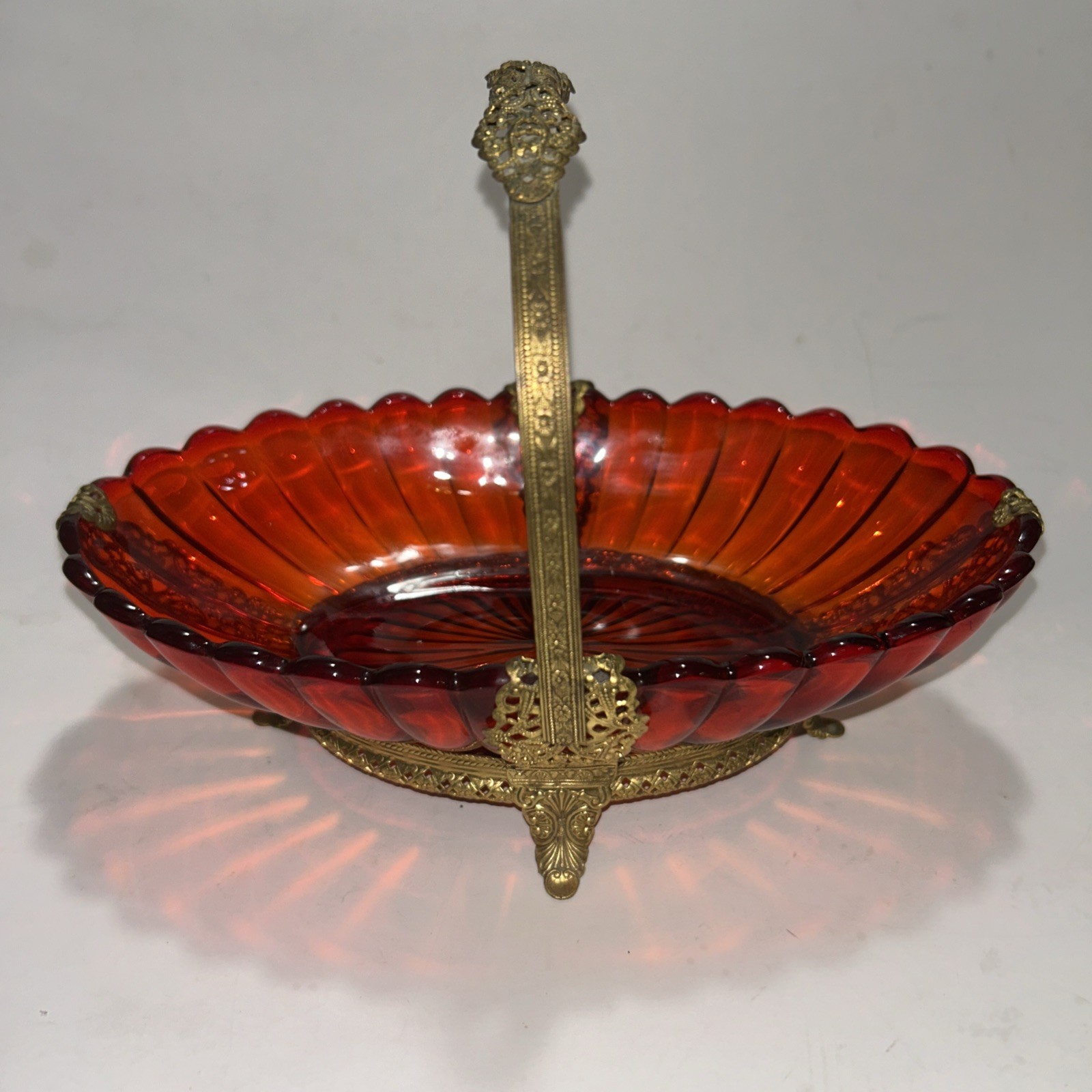 Antique Imperial Glass Ruby Red Bride’s Basket W/Brass Filigree Accents & Handle