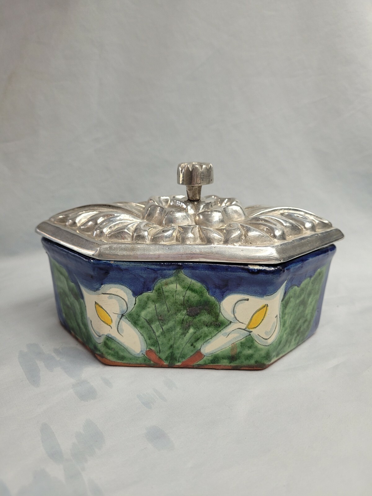 Unique Studio Art Pottery Handmade Ceramic Trinket Box w Aluminum Lid Rare HTF
