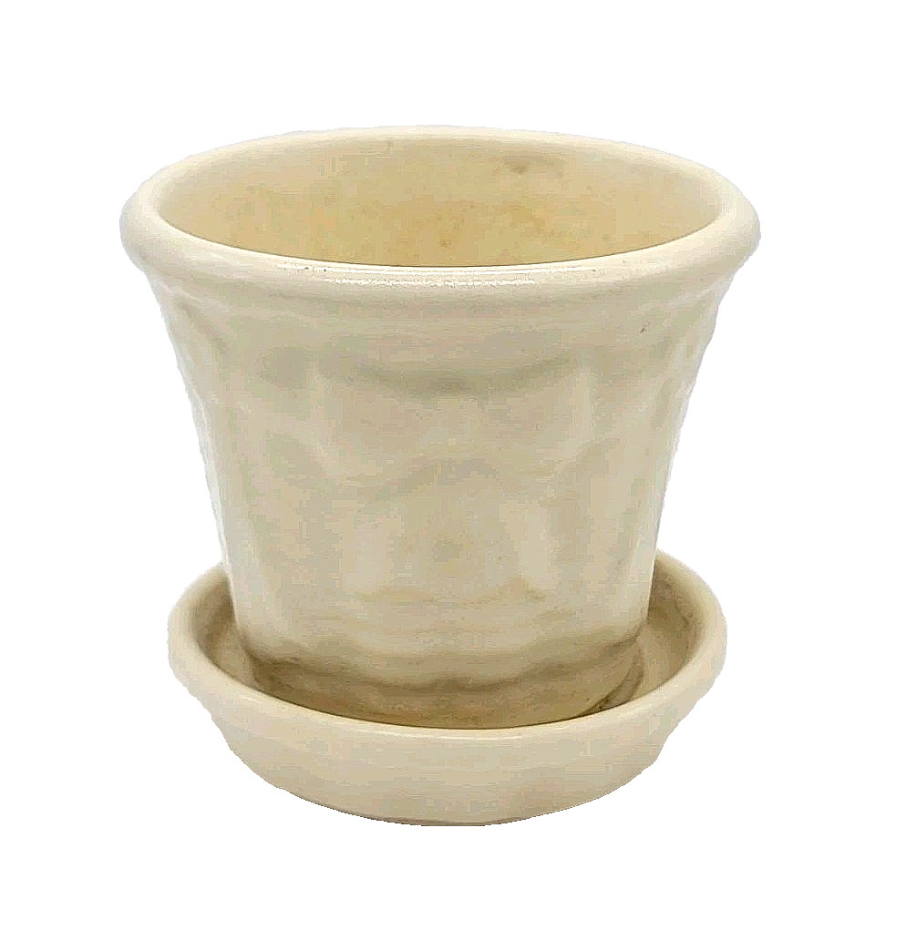 Vintage Mini Shawnee Pottery Flower Pot Saucer Planter Cream Bow Basket 3.25″H