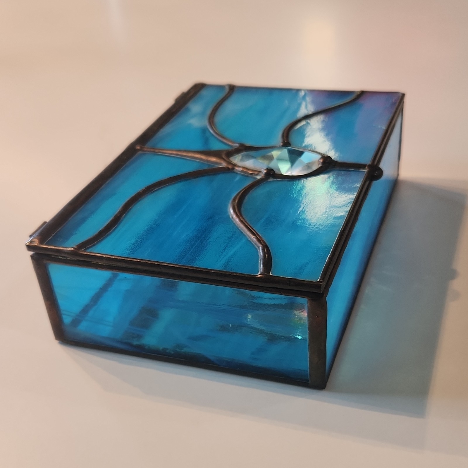 Unmarked Blue Stained Glass & Metal Lidded Decorative Box Clear Faceted Lid