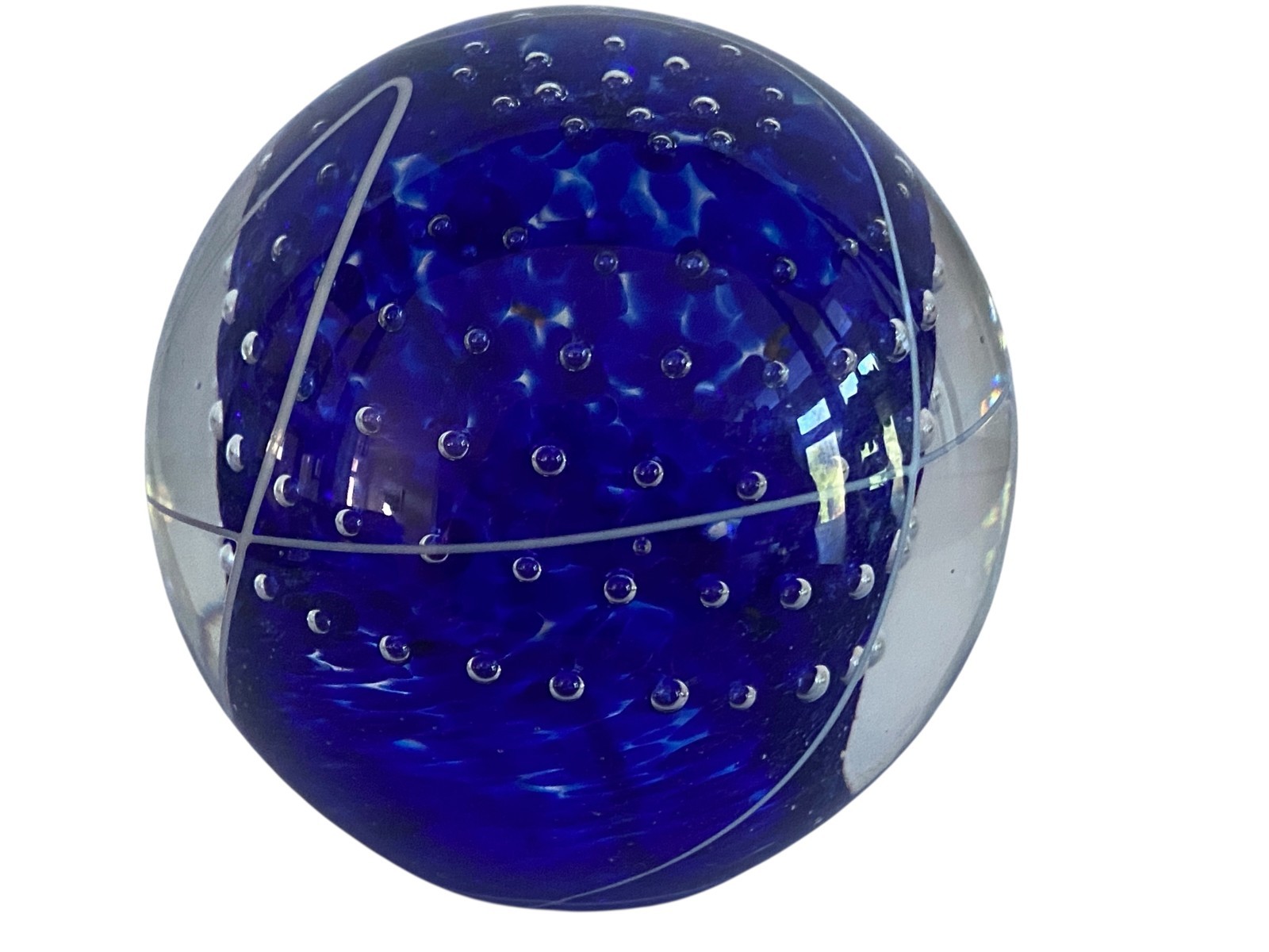 Blue Art Glass Paperweight Orb Bubble Controlled Mid Century Modern Decor WYY