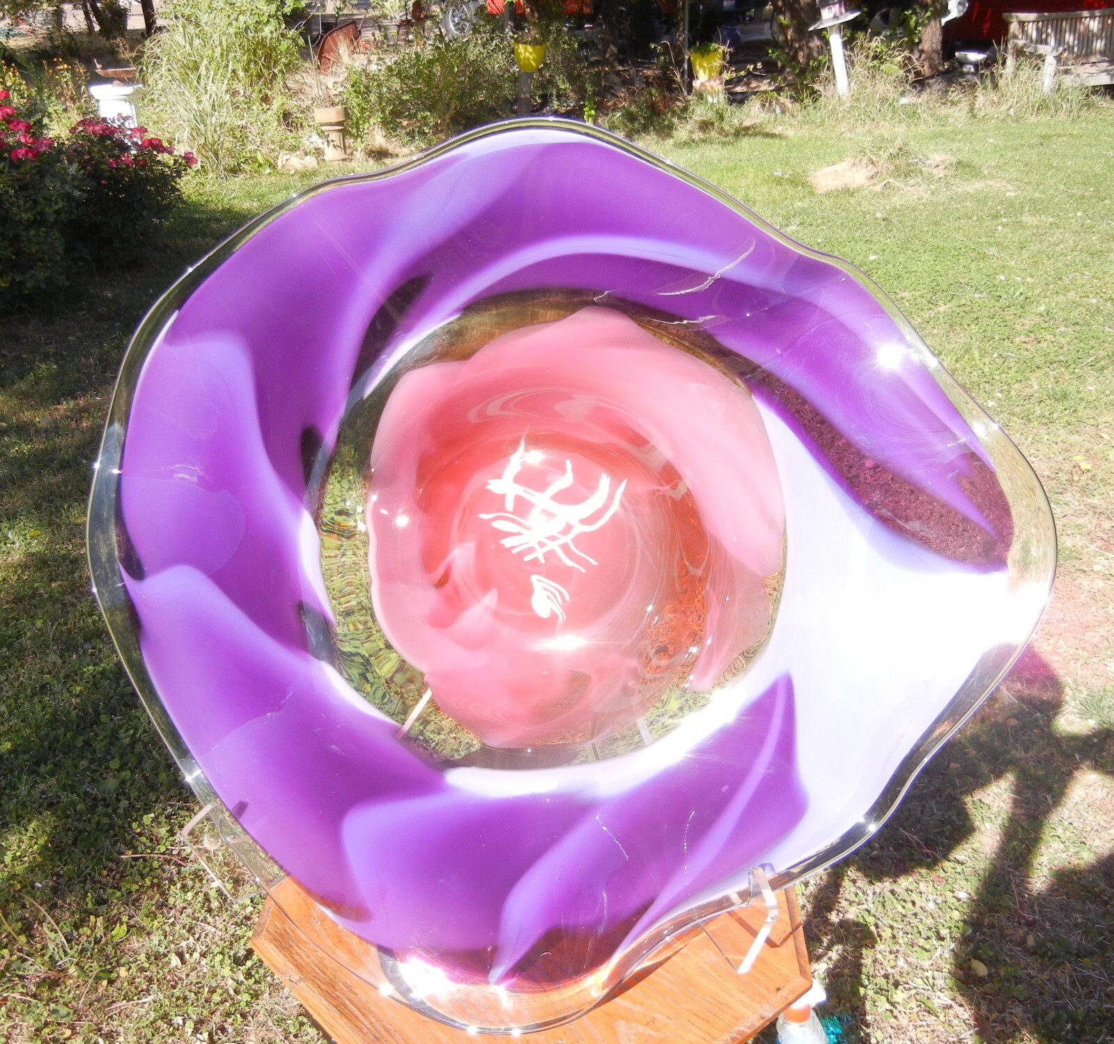 Signed Christopher Morrison 1997 Freeform Art Glass Hand-Blown Bowl 22x19x 6.5″