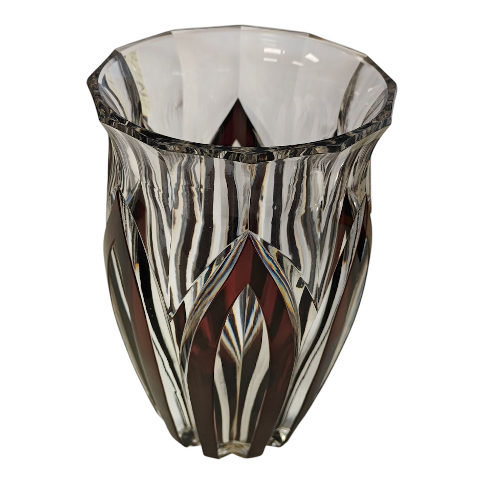 Antique Val Saint Lambert Belgian Crystal Amethyst Vase 6.5″ Tall Original Tags