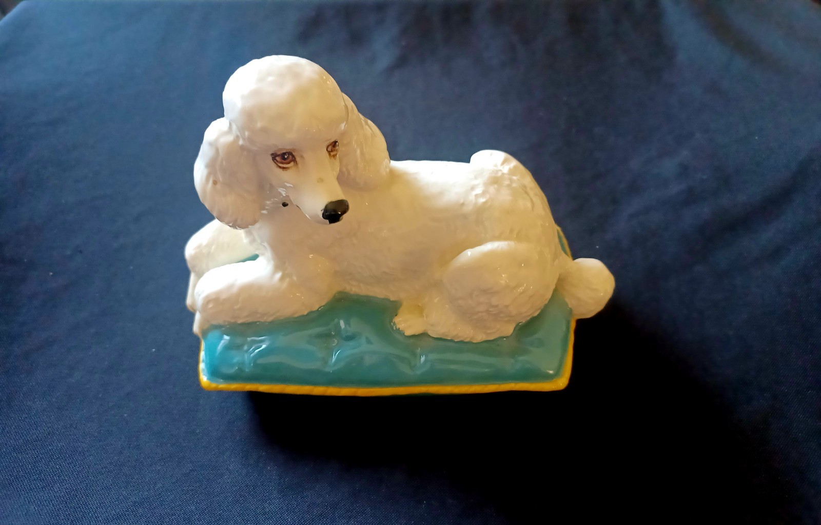 Vintage 1980s Royal Doulton Beswick White Poodle On Blue Cushion Dog Figurine