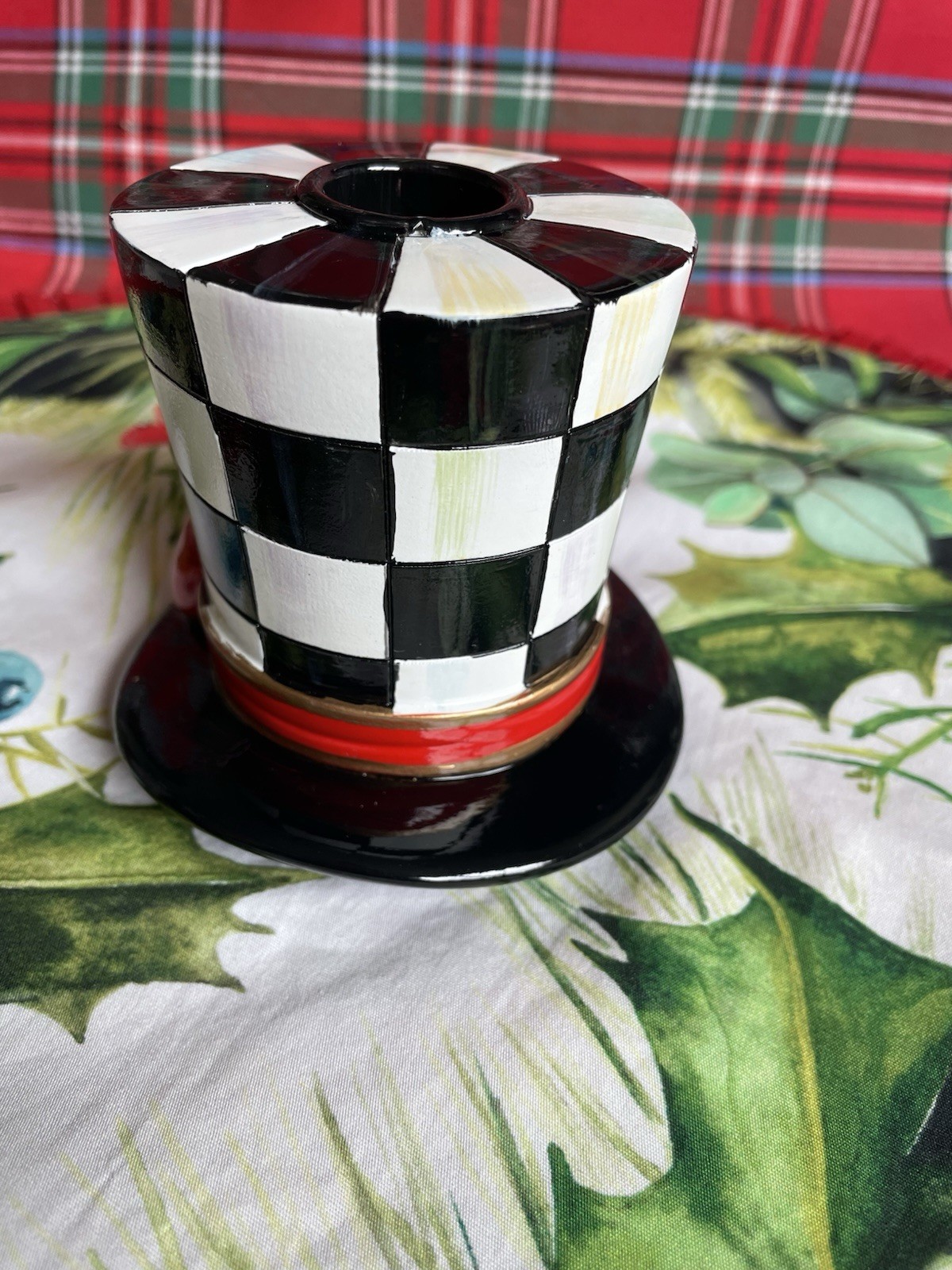 MacKenzie-Childs Nostalgia Top Hat For Snowman Candle Holder With Courtly Check