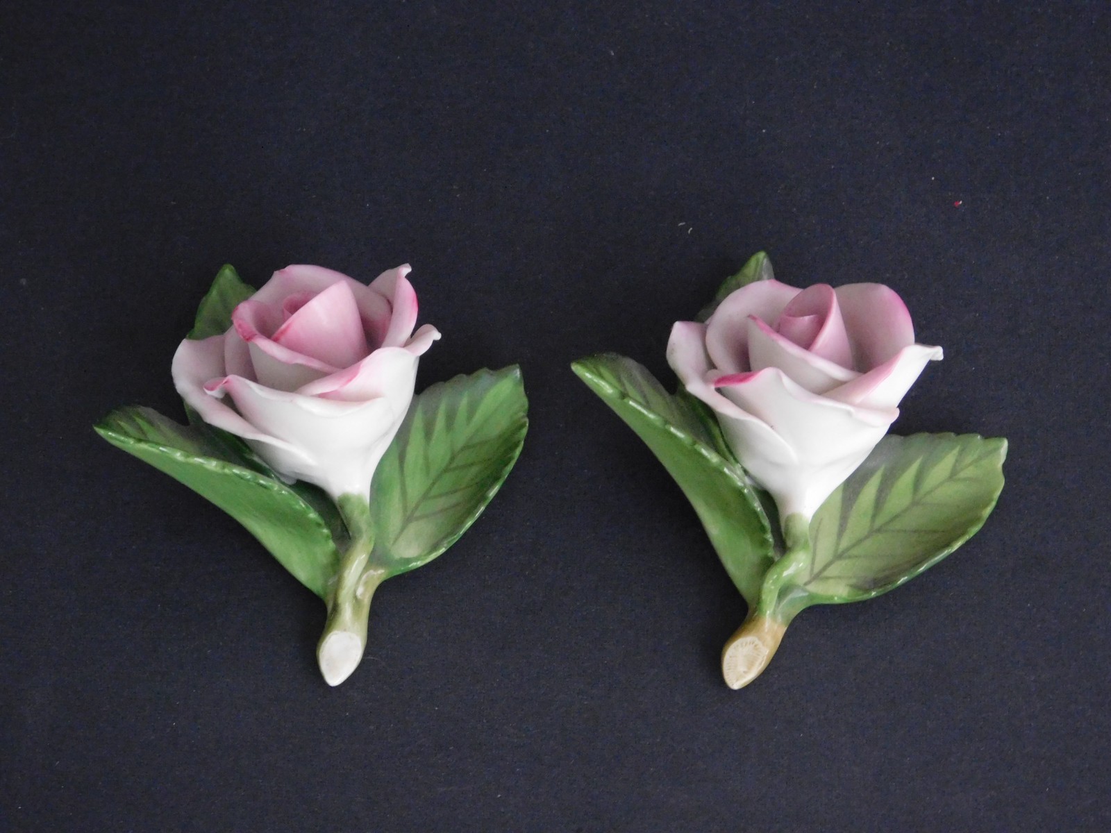 VINTAGE HEREND (1960-1970s): Pair Hand Painted Pink Porcelain Roses & 3 Leaves