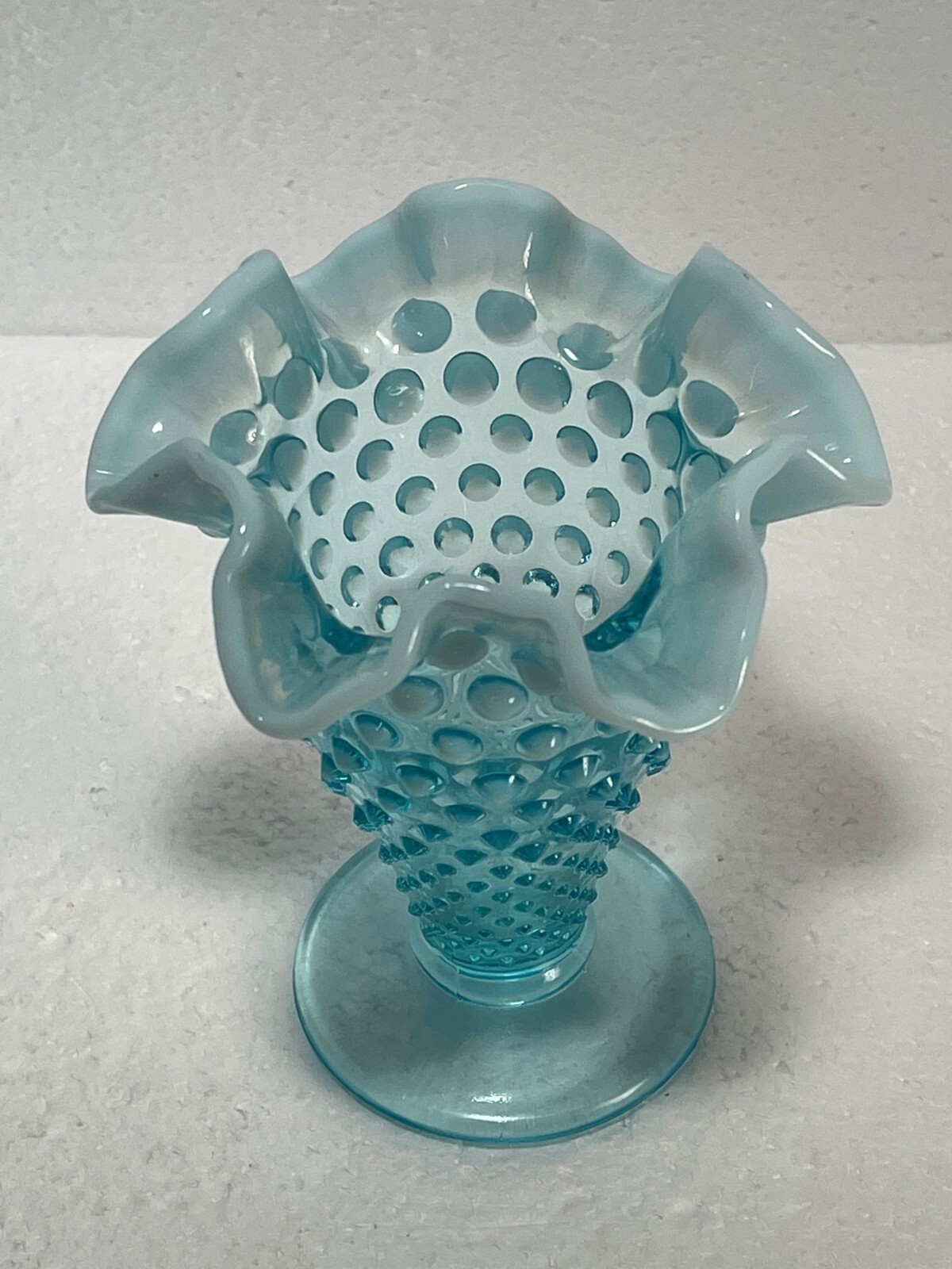 Vintage Fenton Aqua Blue Opalescent Hobnail Vase Ruffled Edge OG56