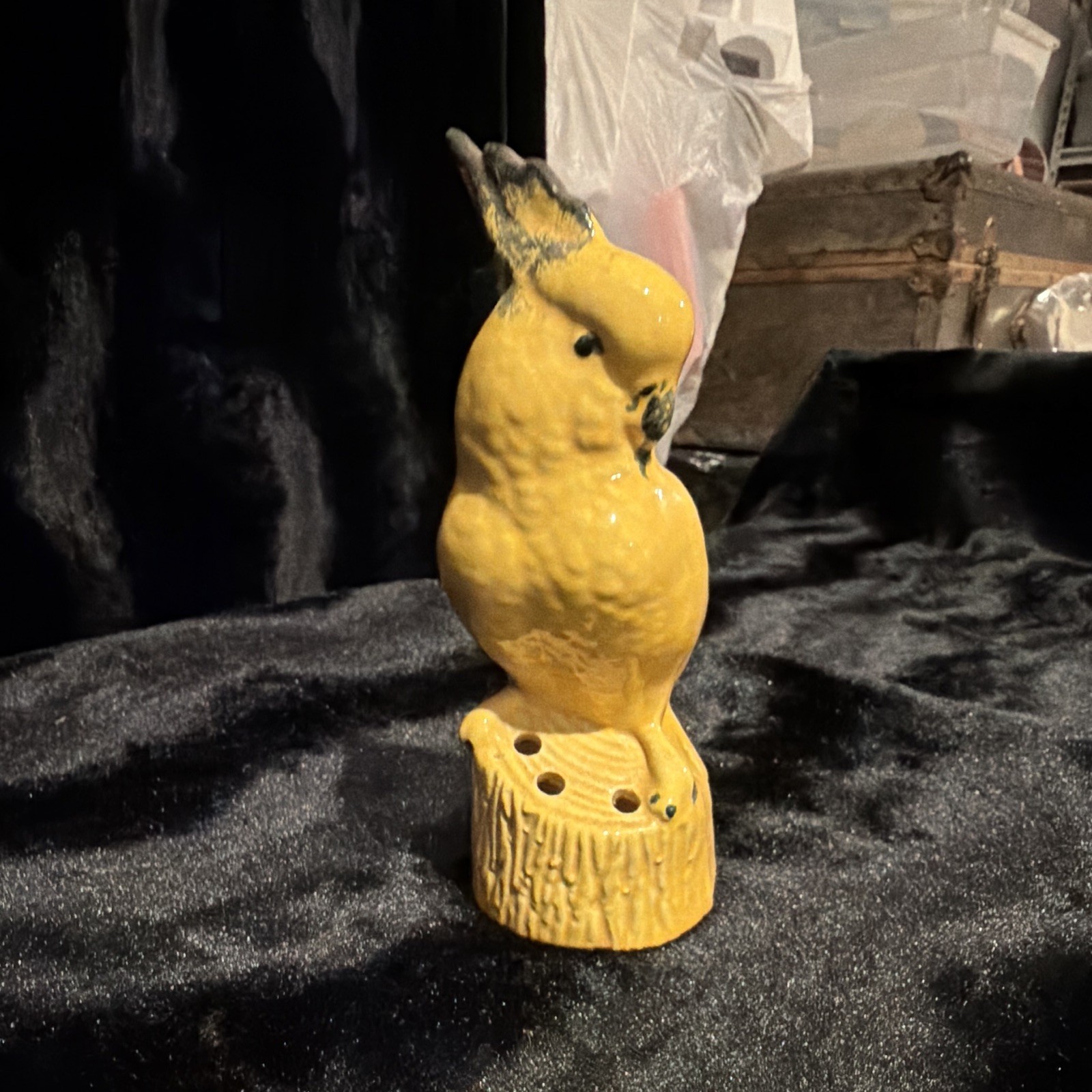 Yellow & Black Glossy Ceramic Bird Figurine on Tree Stump Base Flower Frog 7 in