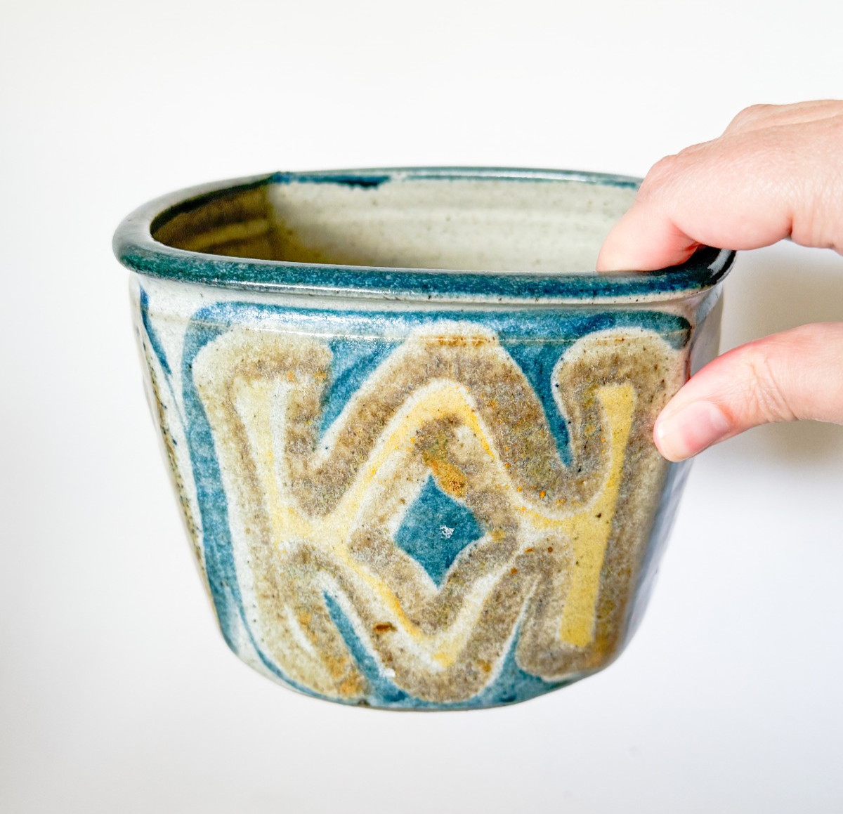 Mid 20th Century Glazed Studio Pottery Squared Planter, Signed, Mod Design