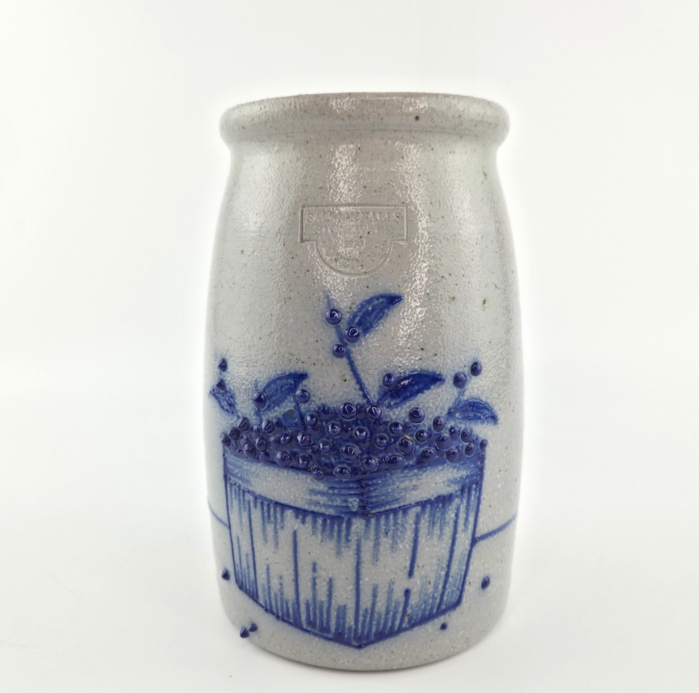 Salmon Falls Stoneware Blueberry Vine Salt Glaze Utensil Crock Vase 6.5″ Pottery