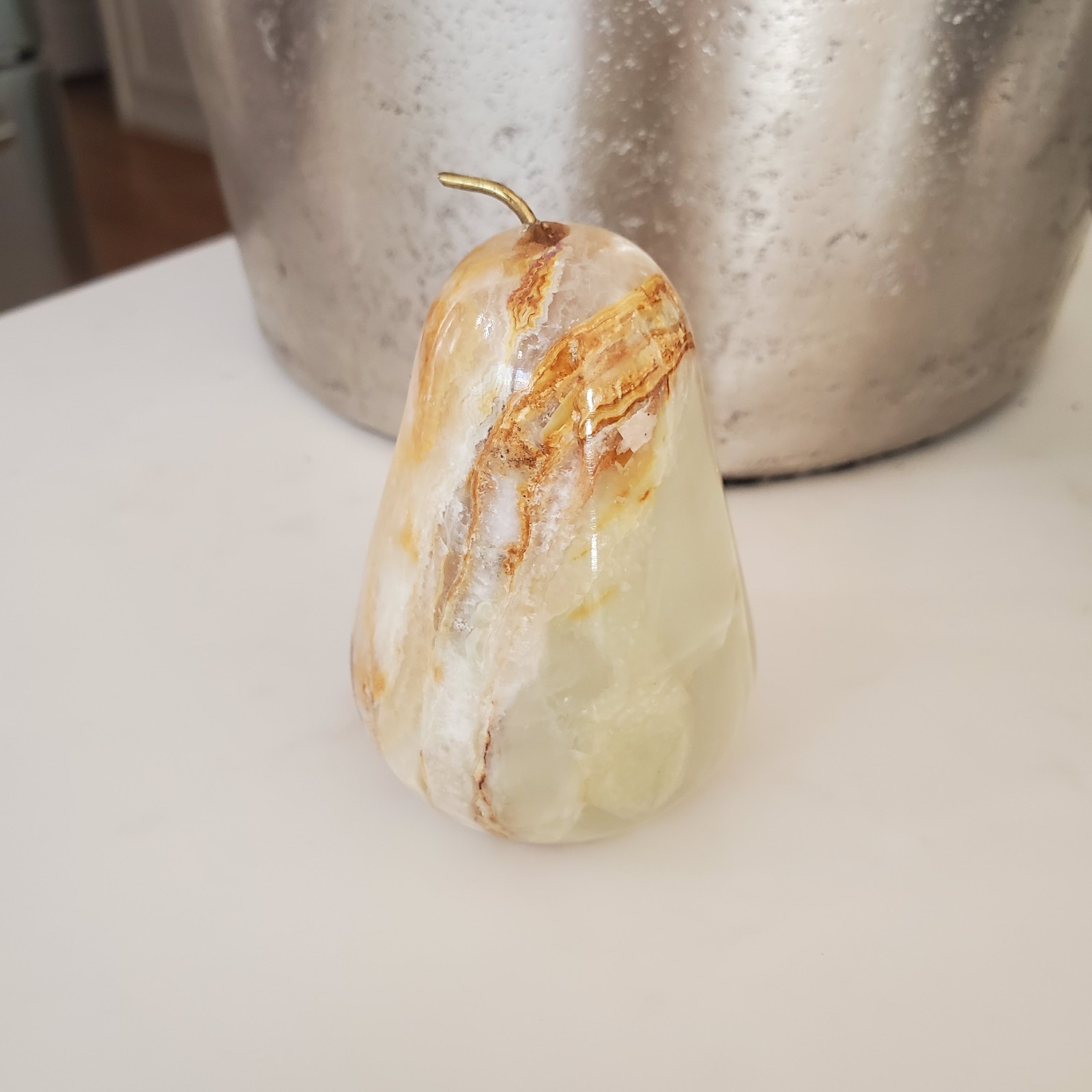 Onyx Pear Paperweight Sculpture Polished Stone Metal Stem Pakistan Tag Bottom