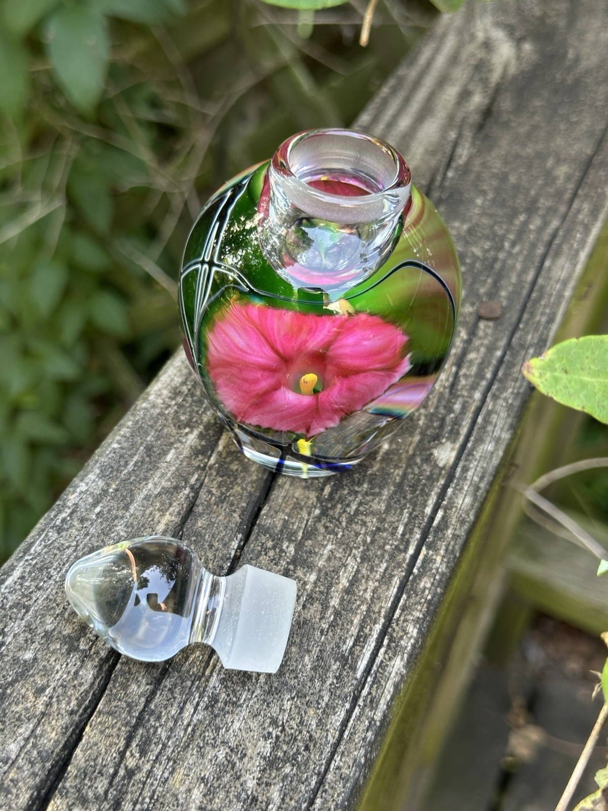Stunning Signed Art Glass Perfume Bottle Hand Painted Floral Hand Blown