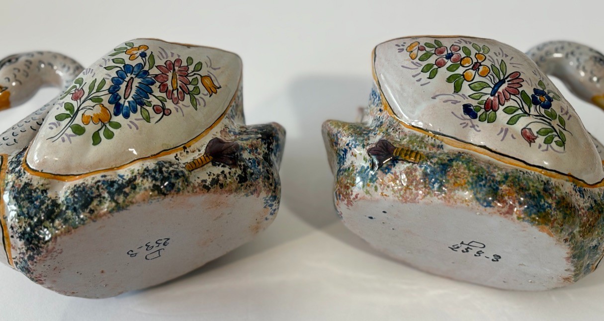 Antique Pair Malicorne Faience Swan Cachepots LD Leroy Dubois French Pottery