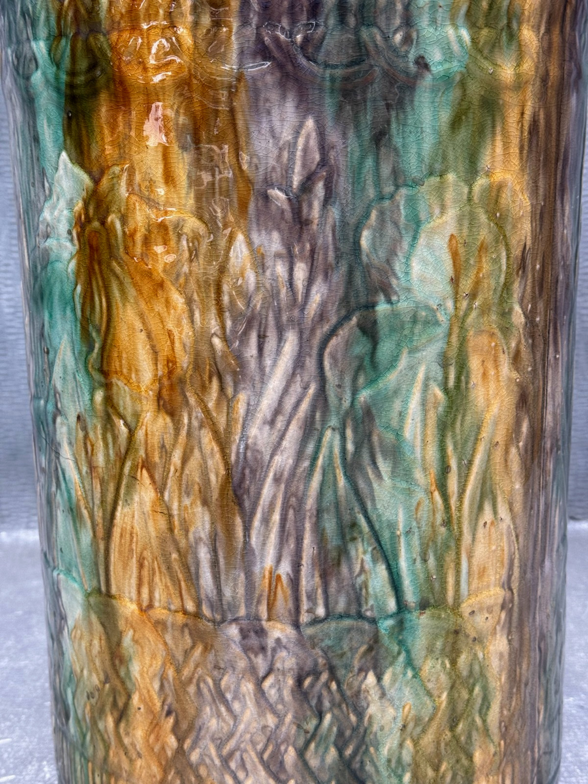VINTAGE BOHO CHIC FLOOR VASE LARGE STONEWARE POTTERY BIN EXOTIC DRIP GLAZE 20″