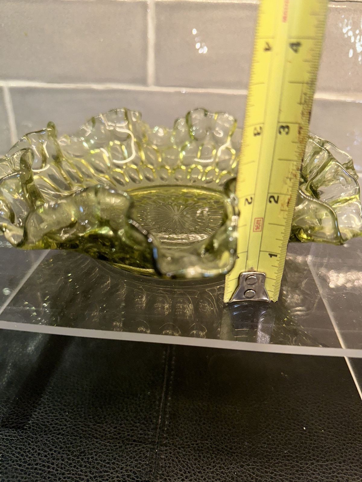 Vintage Fenton Colonial Green Thumbprint Ruffled Crimped Edge Glass Bowl 8”