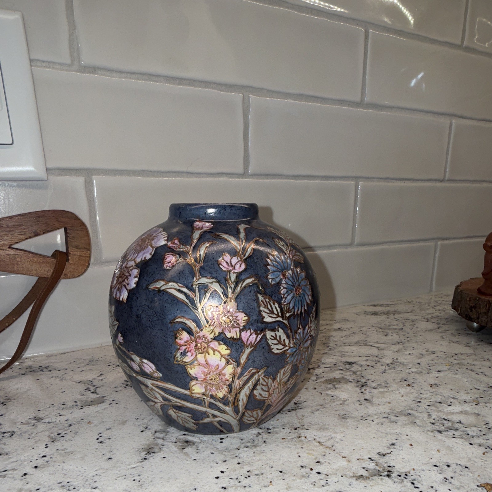 Blue Floral Porcelain Lidded Vase/Jar, Made in China, Printed Backstamp
