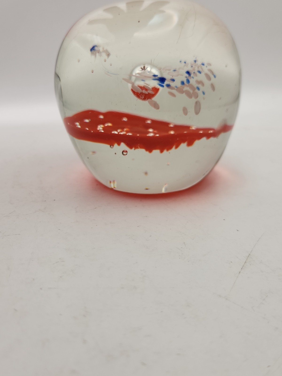 Vtg HandBlown Glass Paperweight Ball Orb Orange Blue Clear Bubble MCM Trippy