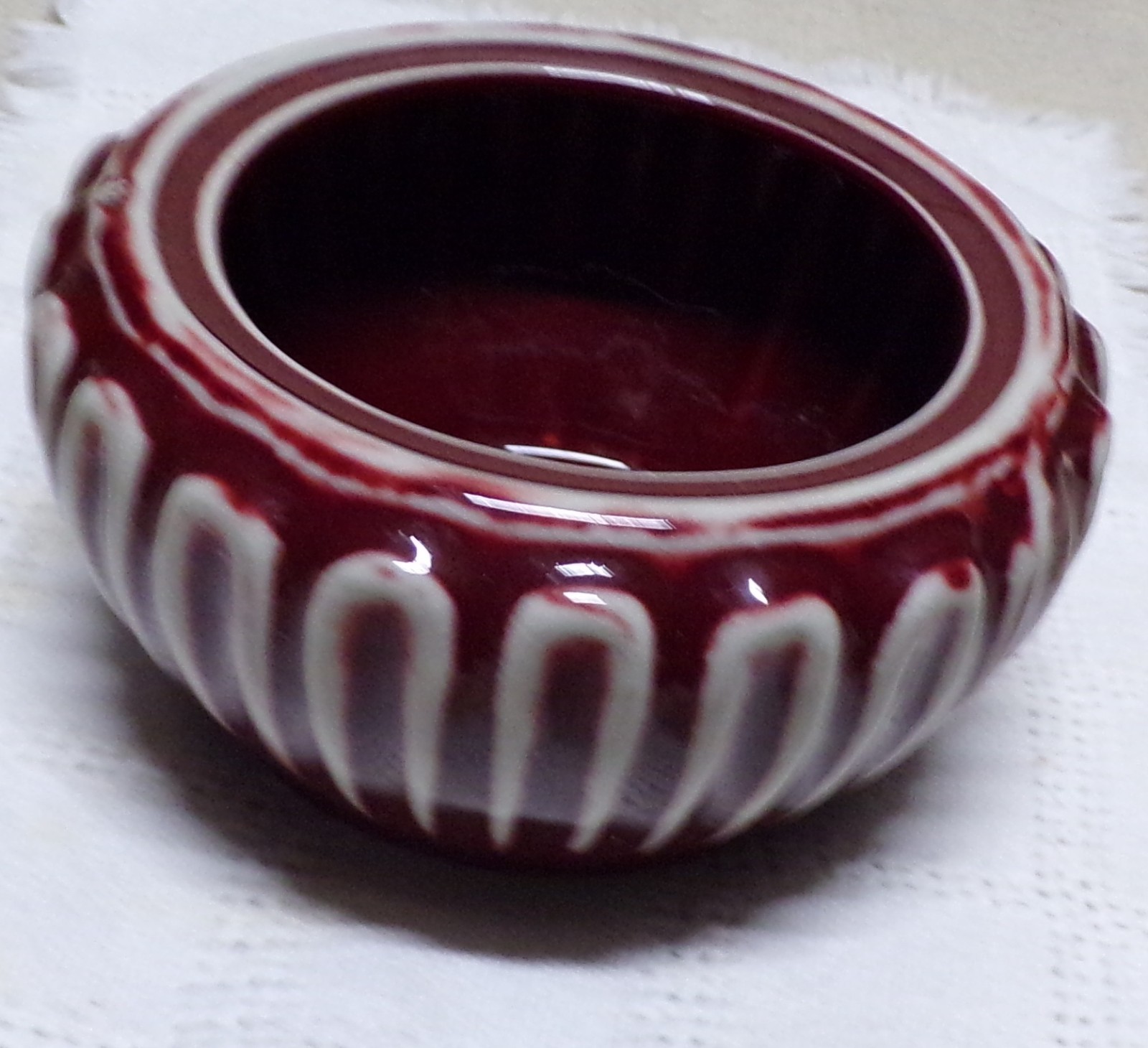 Vintage Maroon and White Geomtric Ceramic Drip Glaze Pot Mid Century Small