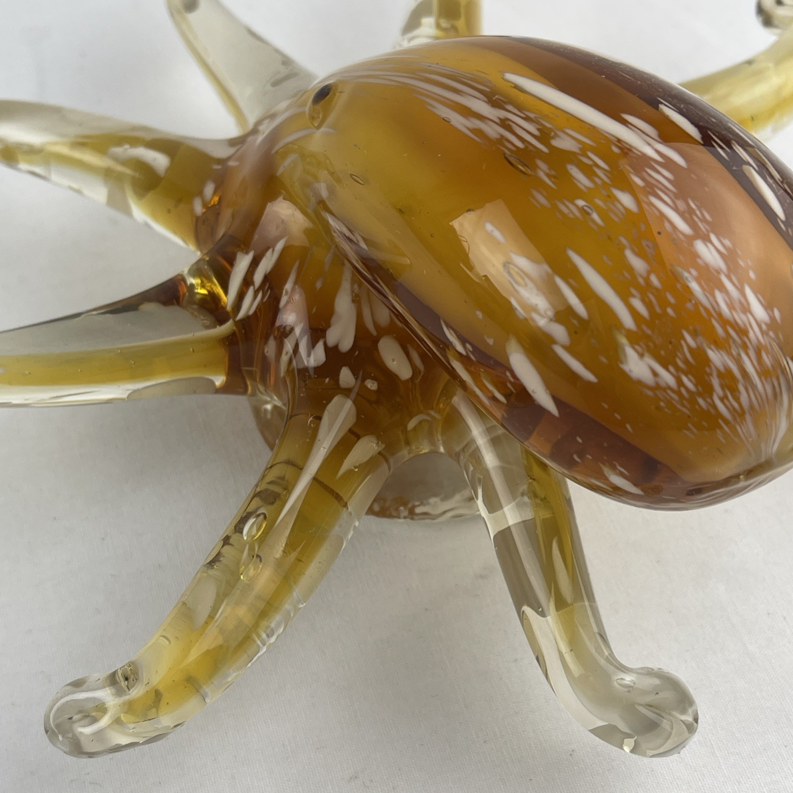 Hand Blown Art Glass Octopus Paperweight Figurine Yellow Brown Murano Style