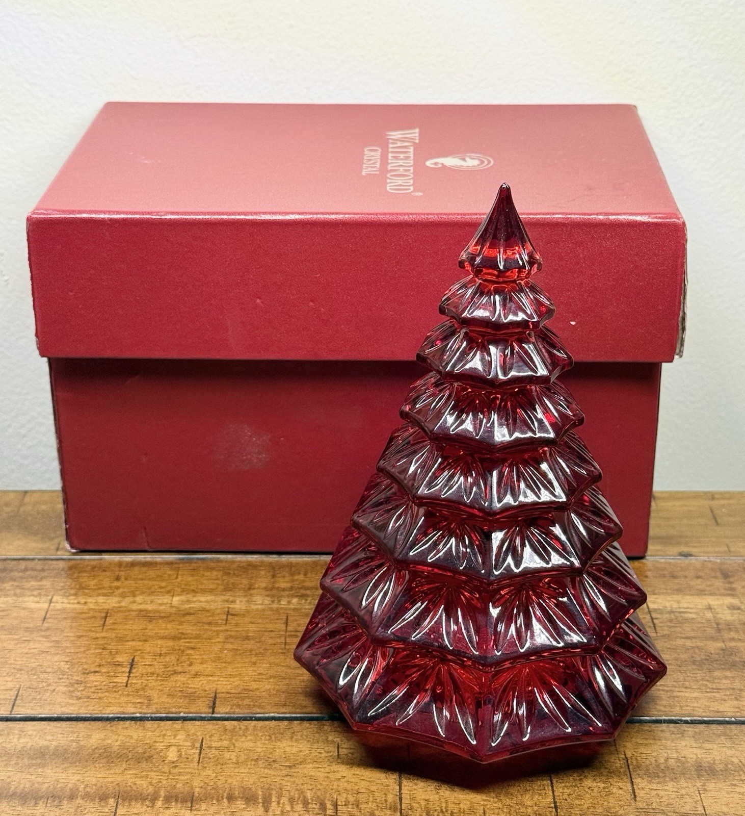WATERFORD Crystal Christmas 6 1/2” Large Solid Ruby Red Tree W/Box #145996 #2