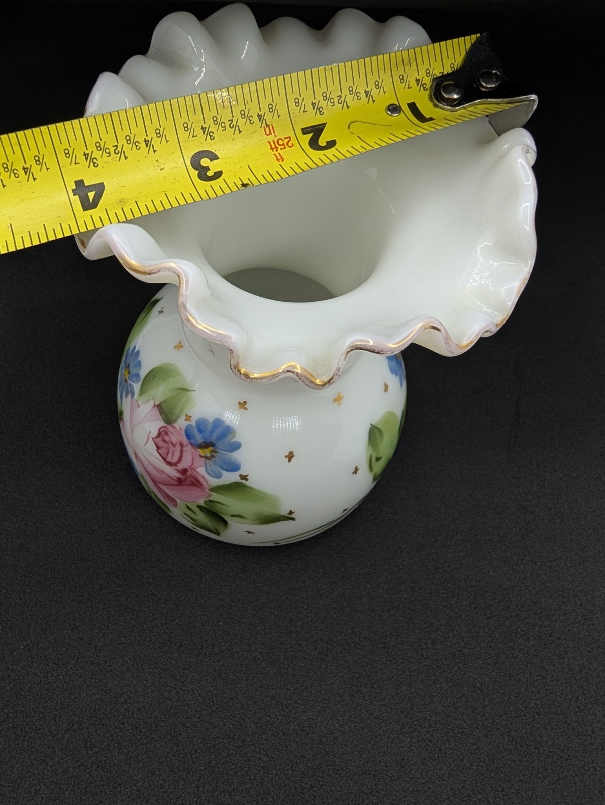 Fenton Vase Milk Glass Art Gold Star Charleton Roses Ruffled c1940-1959 5.5″