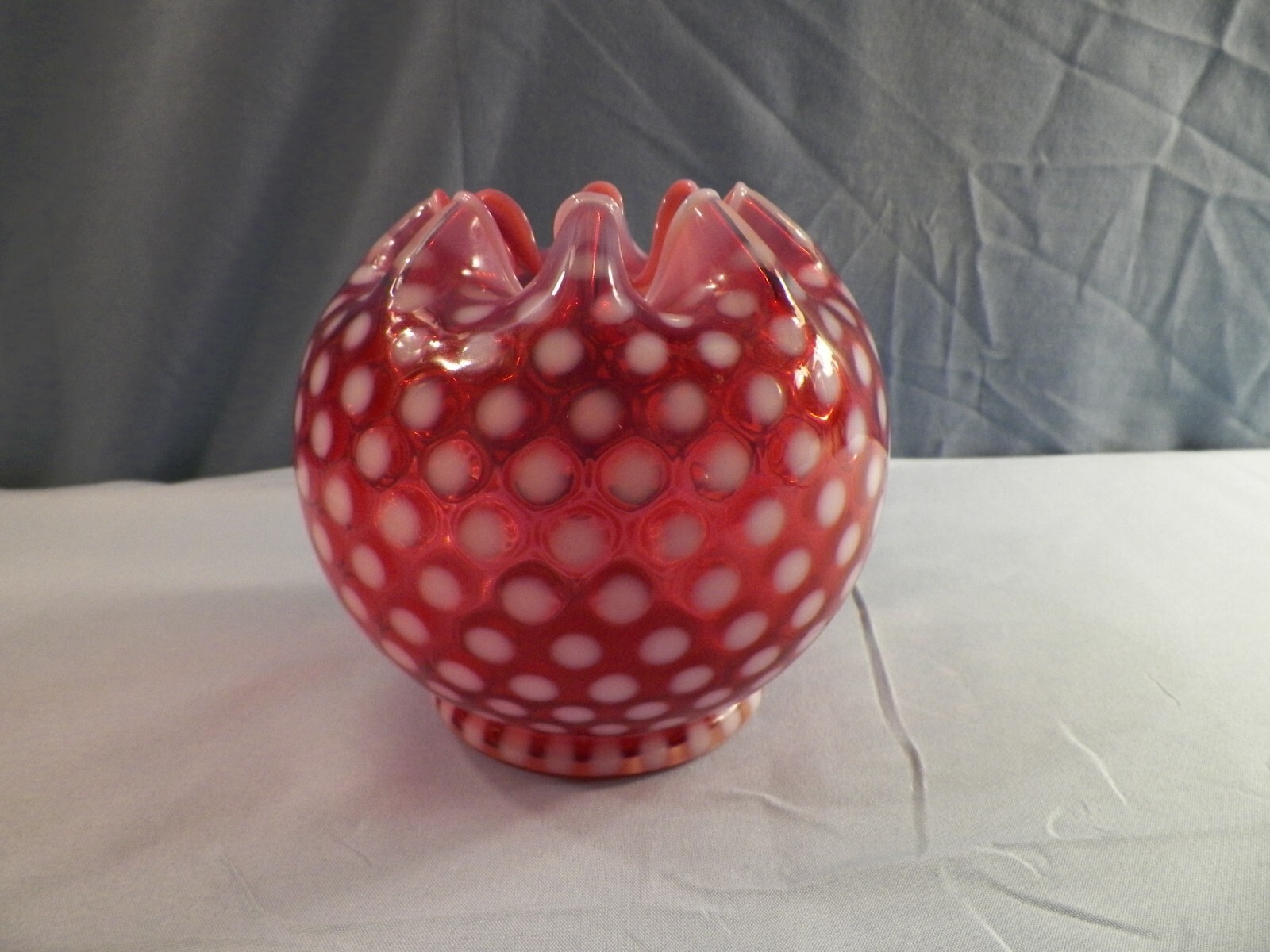 Vintage Fenton Cranberry Opalescent Glass POLKA DOT Large Rose Bowl Vase