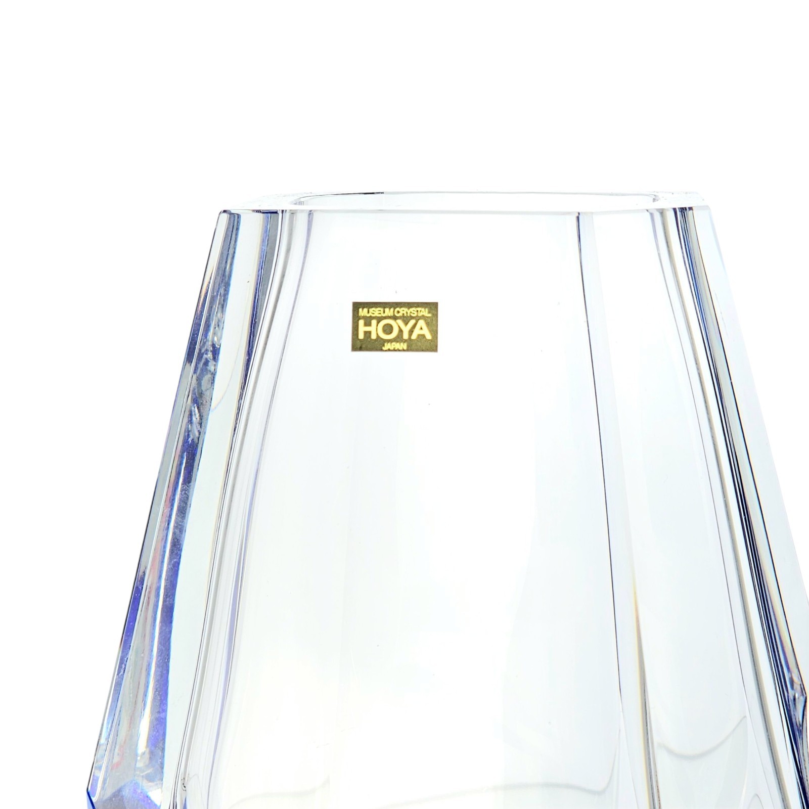 Hoya Imperial Cobalt Blue Clear Faceted Crystal Vase Japanese Modernist 8.25″
