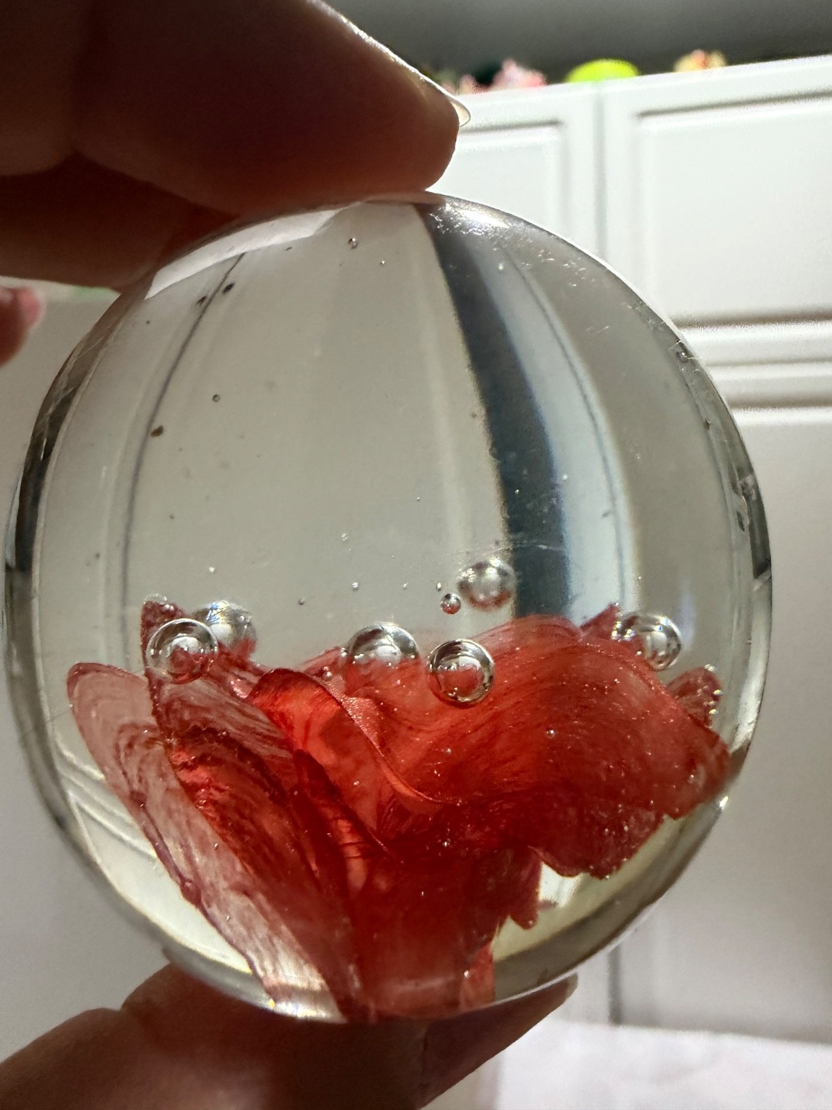Vintage art glass paperweight Murano Style Orange Flower Encapsulated Sphere