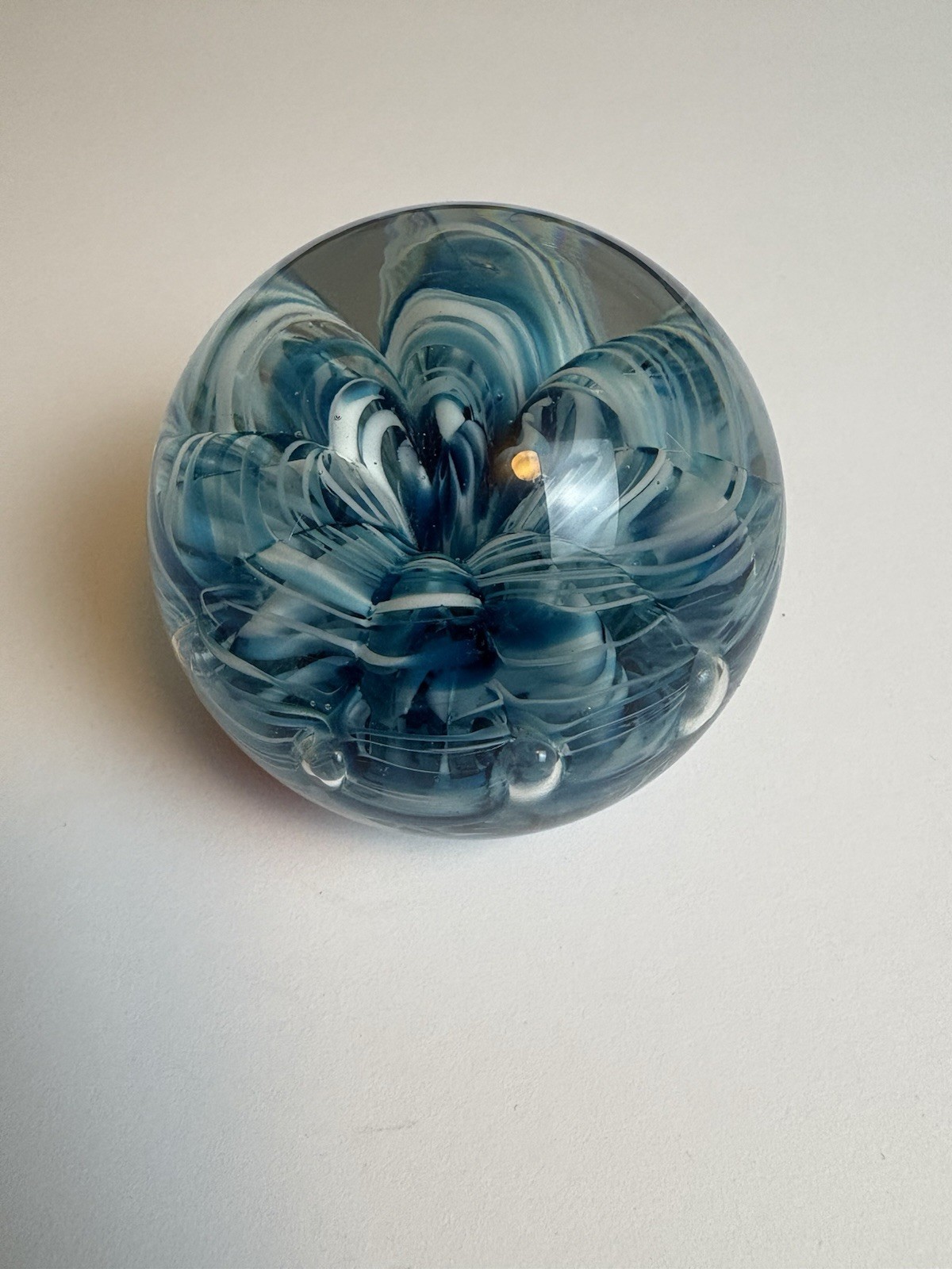 Hand Blown Art Glass Paperweight Blue Swirl Controlled Bubble Orb RARE FIND