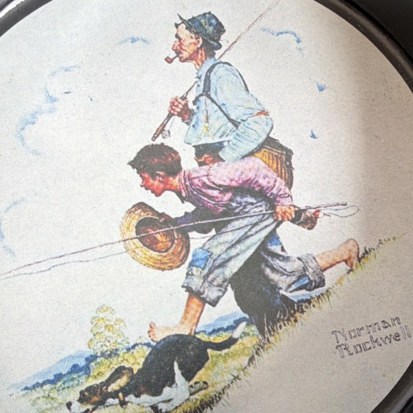 American Scene Boy with Dog Norman Rockwell Tabletop Cigar Black Ashtray