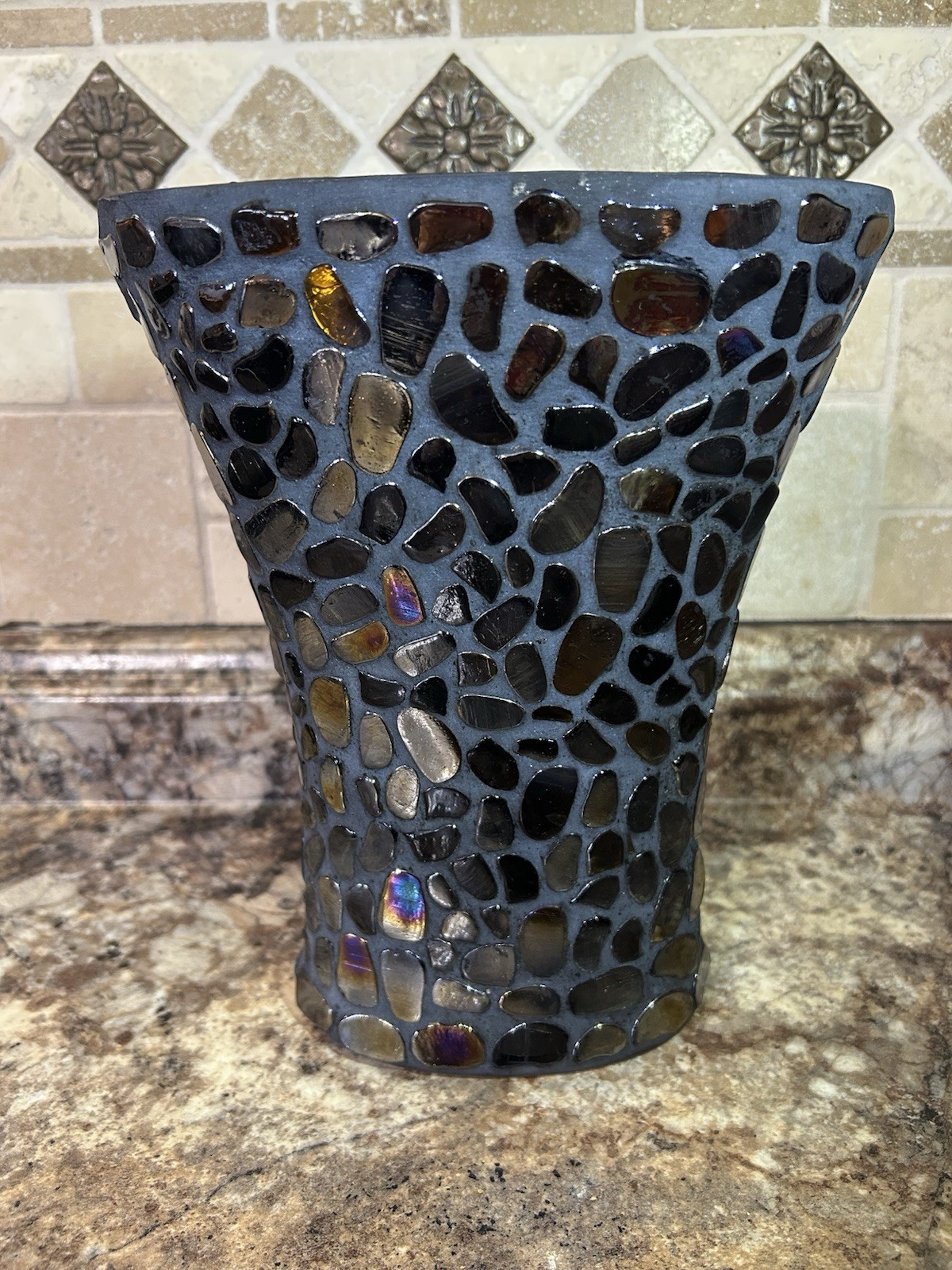 Black & Gray Mosaic Oval Vase w/Shiny Iridescent Glass On Clear Glass 10” High